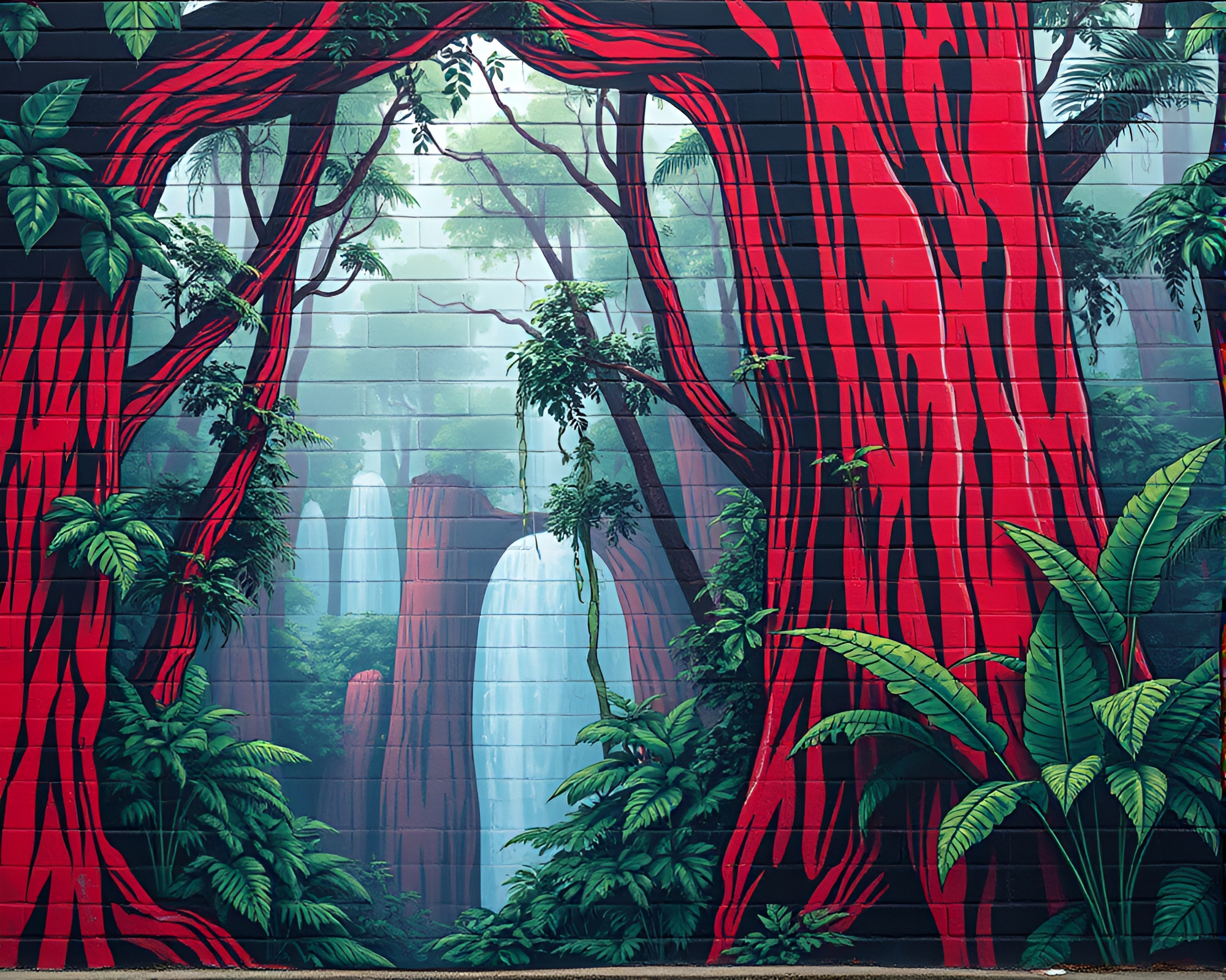 Cyberpunk Rainforest: Brick Red Canopy Mural Graffiti – free AI stock image
