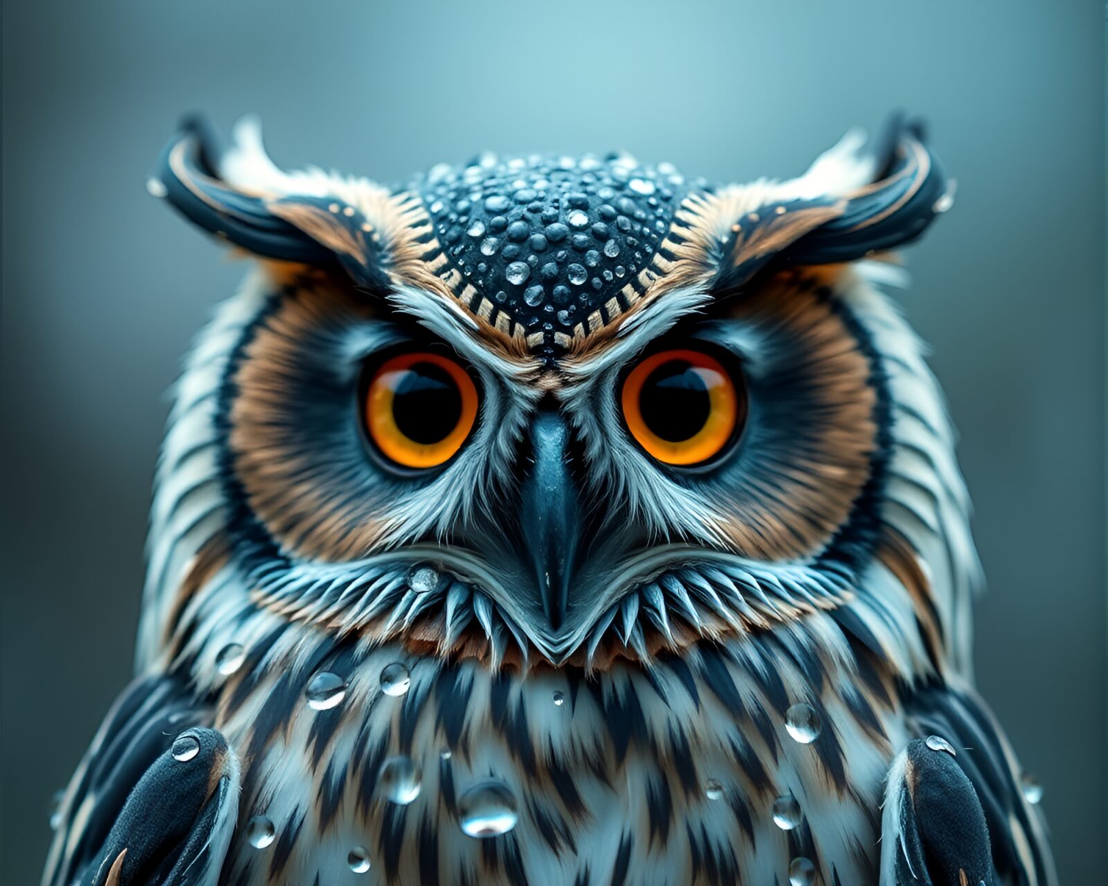 Intricate clockwork owl covered in dew drops, in turquoise hues