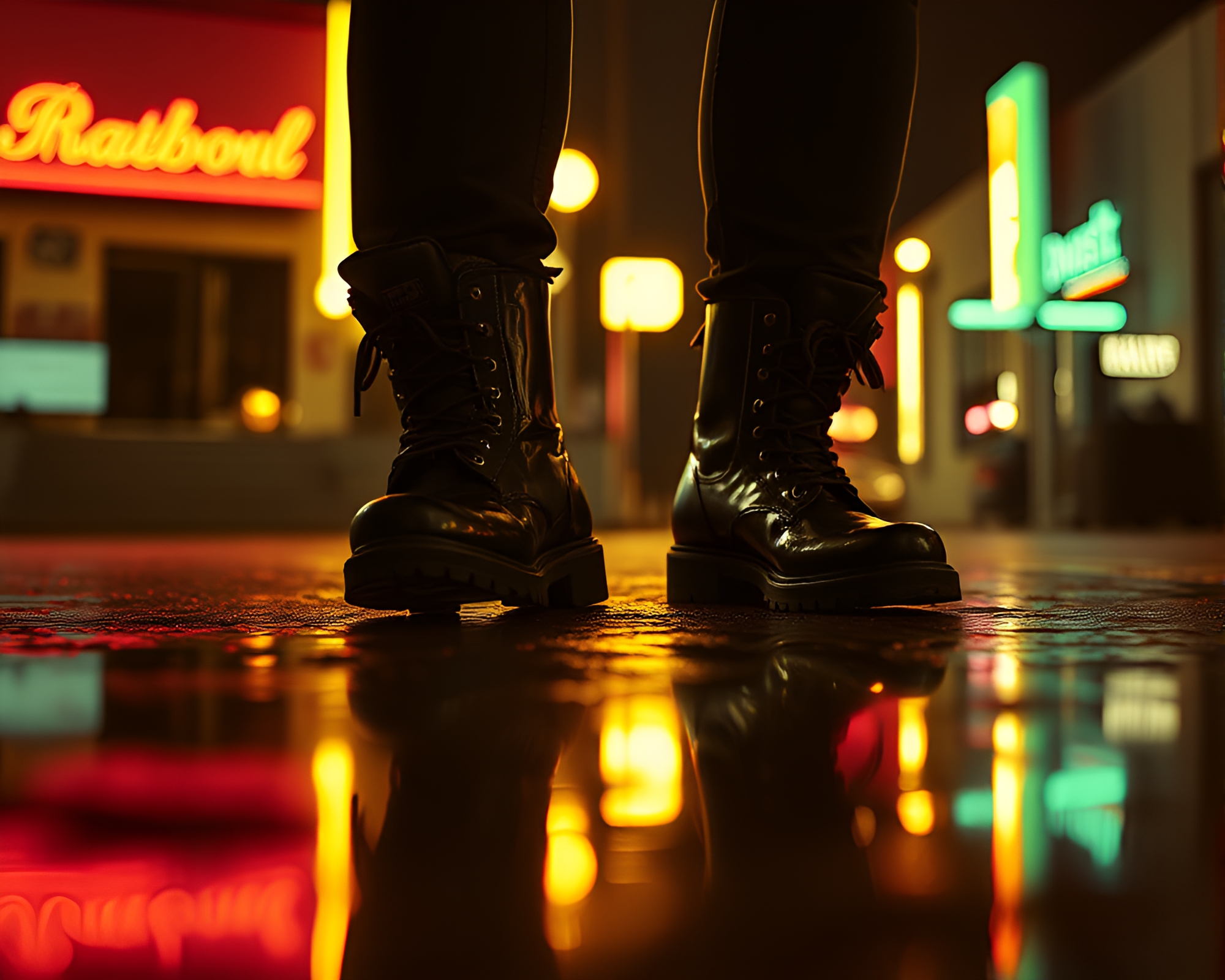 Neon Reflections in Gravity Boots: Porchlight Warmth Duo – free AI stock image