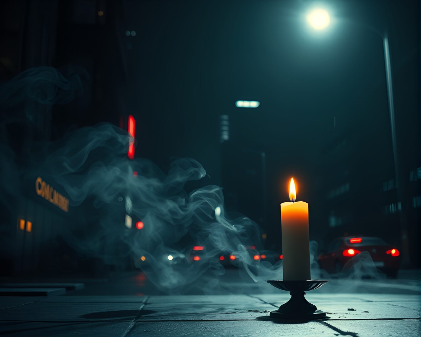 High-contrast noir scene with candle smoke in futuristic city