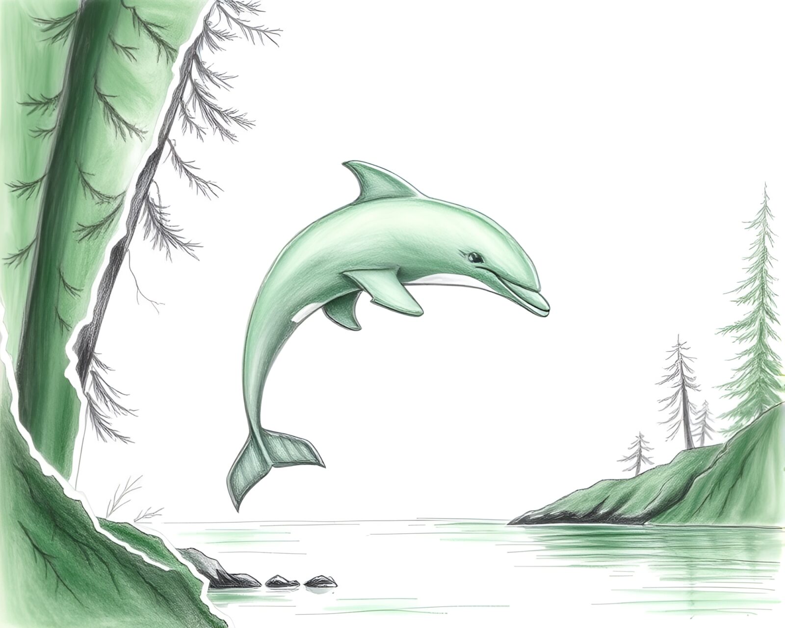 Pencil sketch of majestic Amazon river dolphin in forest-green ambiance with torn edges
