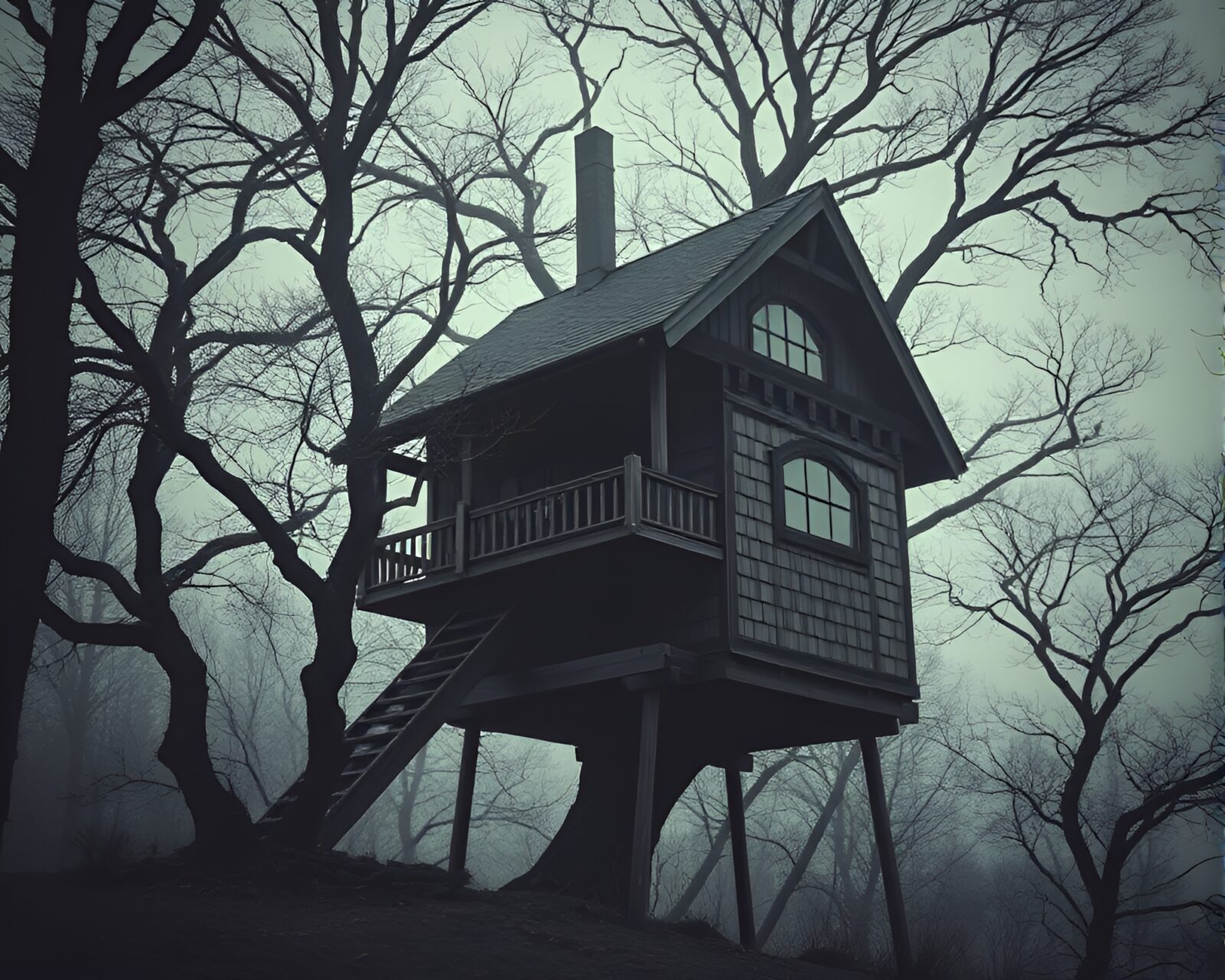 Desolate treehouse towering in gloomy, desaturated cityscape