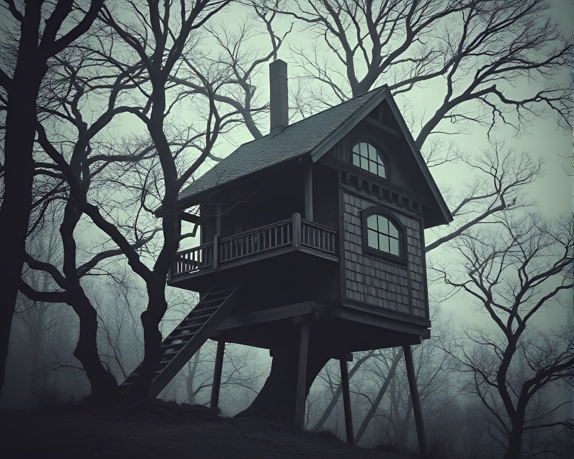 Eerie Treehouse in Dystopian Urban Landscape – free AI stock image