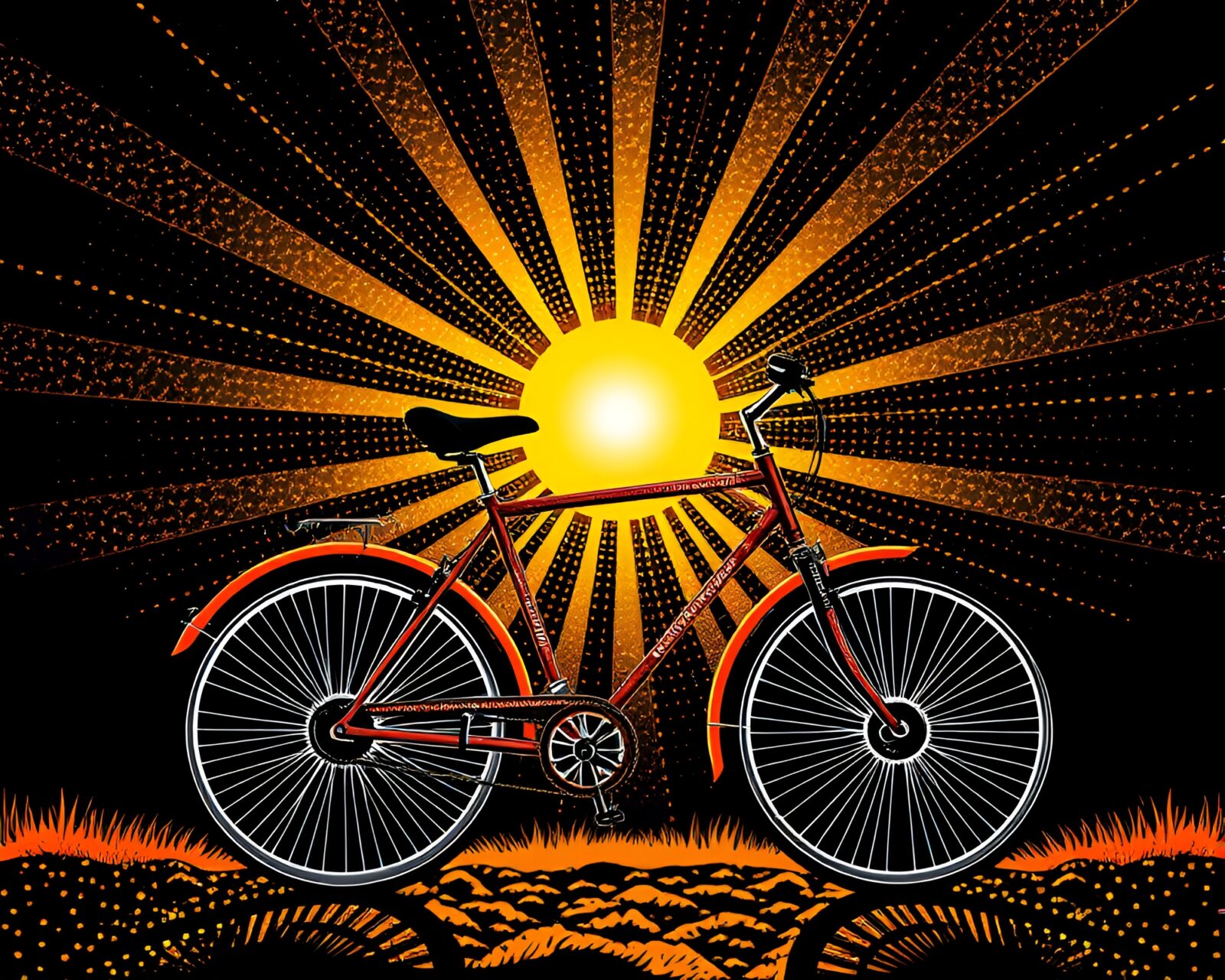 Gleaming solar-powered bike surrounded by futuristic sunbeams