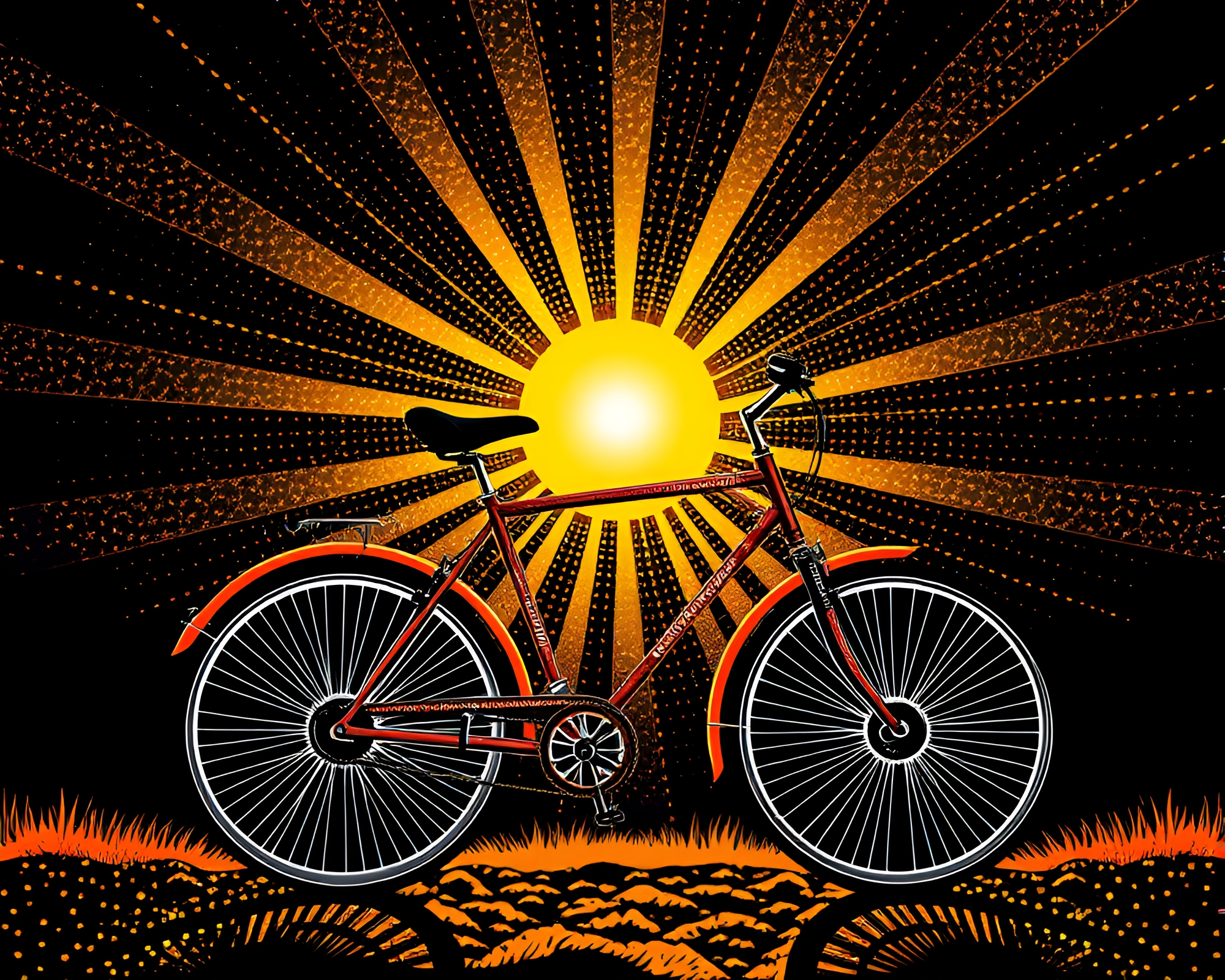 Solar-Powered Bike in Retro Futuristic Sunbeam Rays – free AI stock image