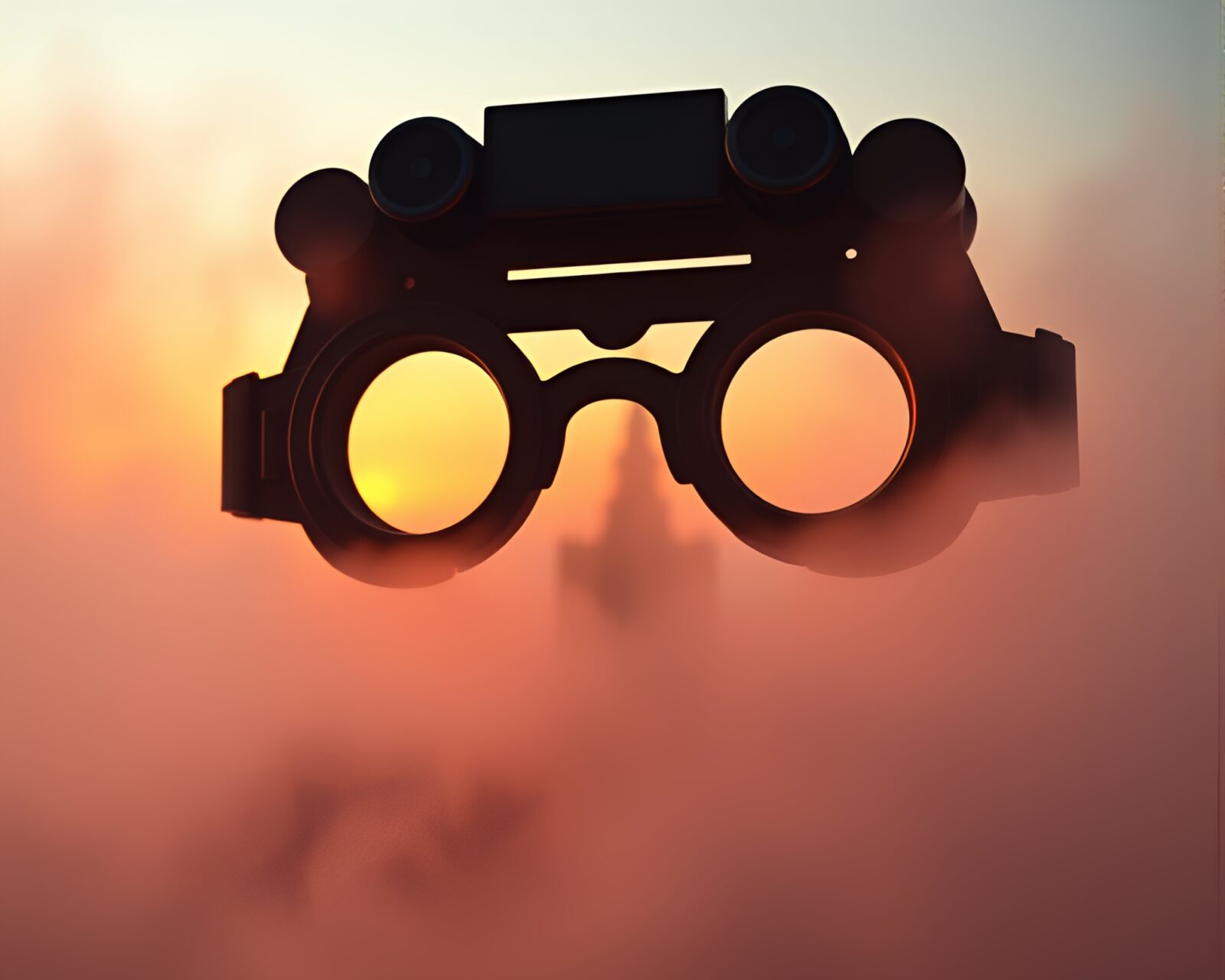 Steampunk goggles in atmospheric dawn mist with paper cutout style