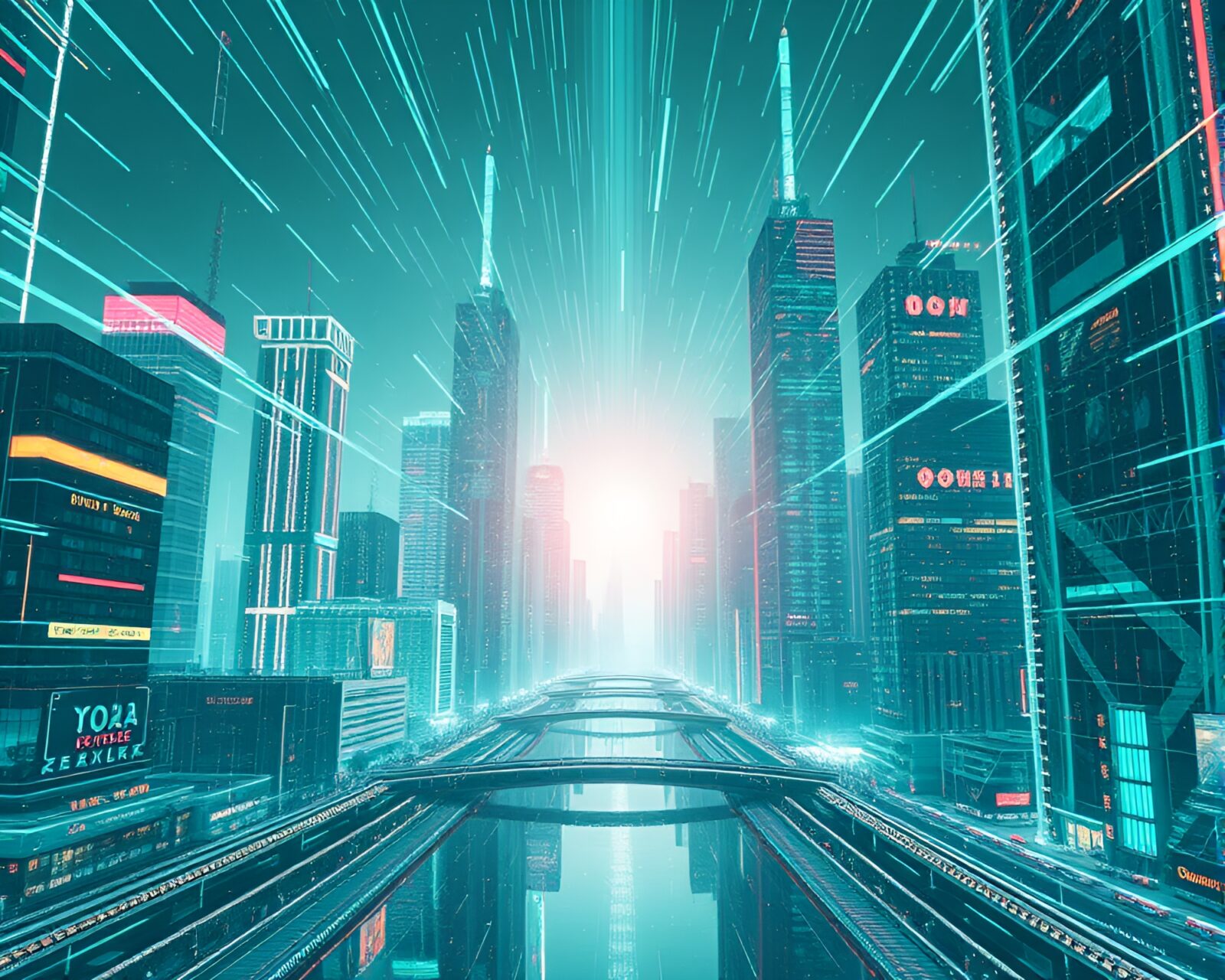 Digital simulation of future cityscape, teal hues and zoom effect