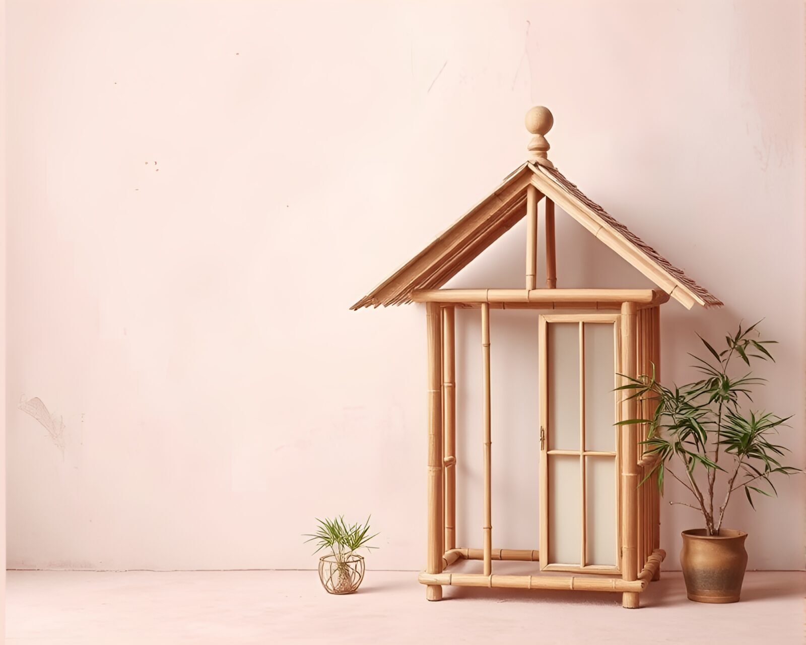 Grisaille style bamboo hut enveloped in blush pink light