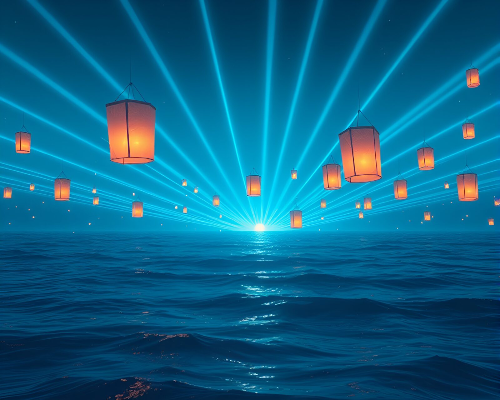 Gritty 90s style lanterns floating amidst blue lasers over water