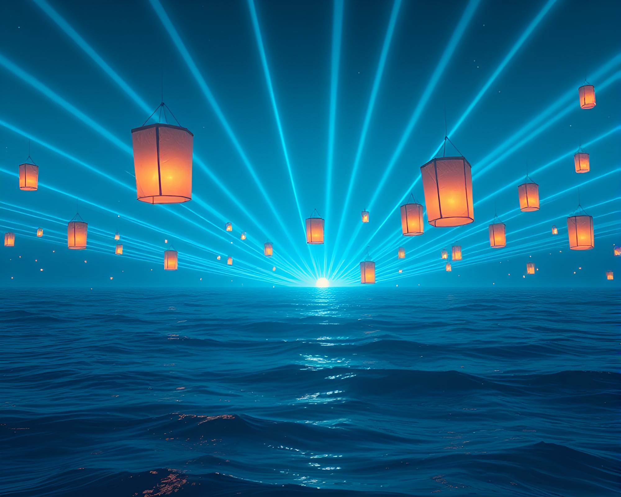 Laser Beam Lanterns Illuminate Grunge Ocean Scene – free AI stock image
