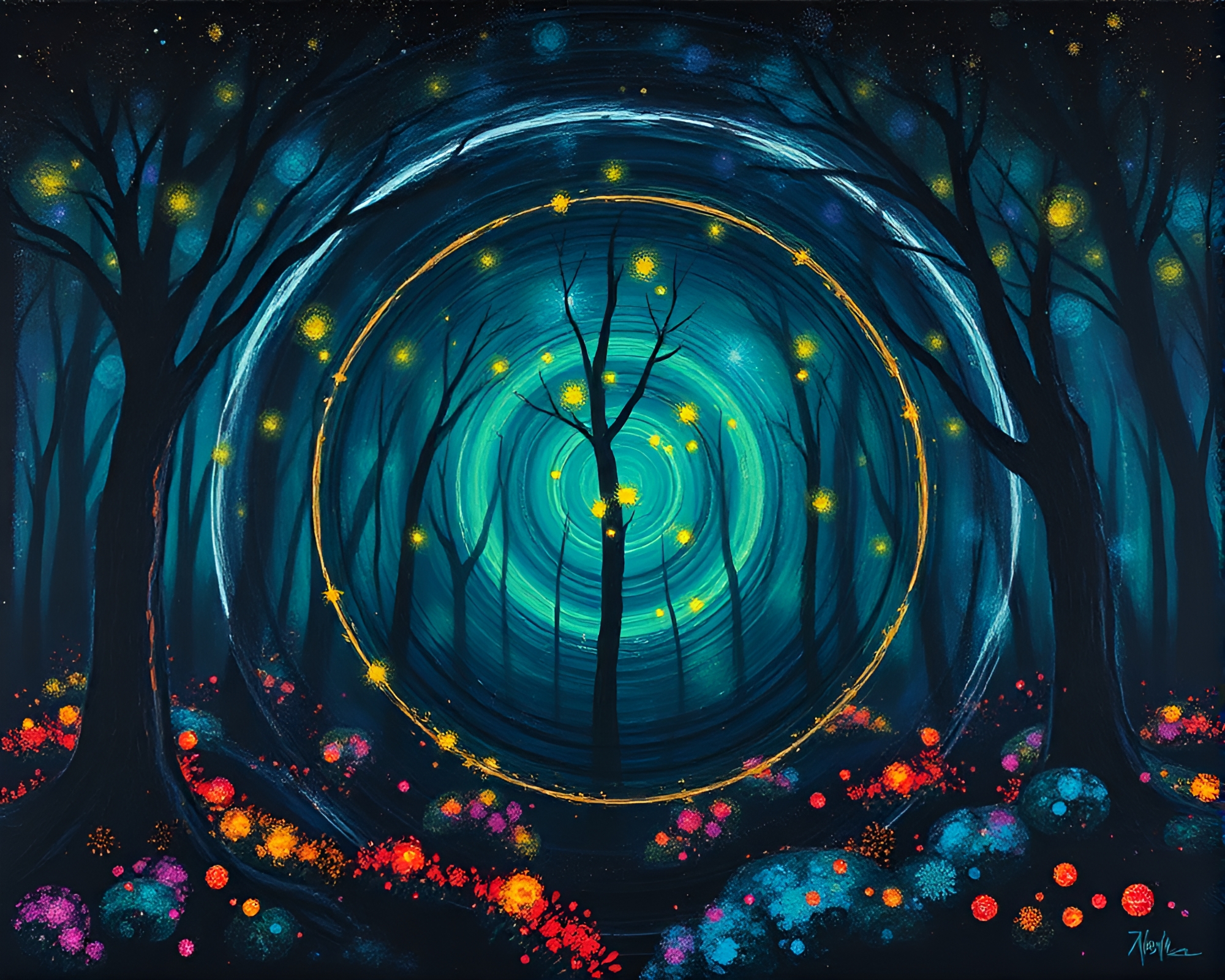 Bioluminescent Forest in Expressionist Strobe Lights – free AI stock image