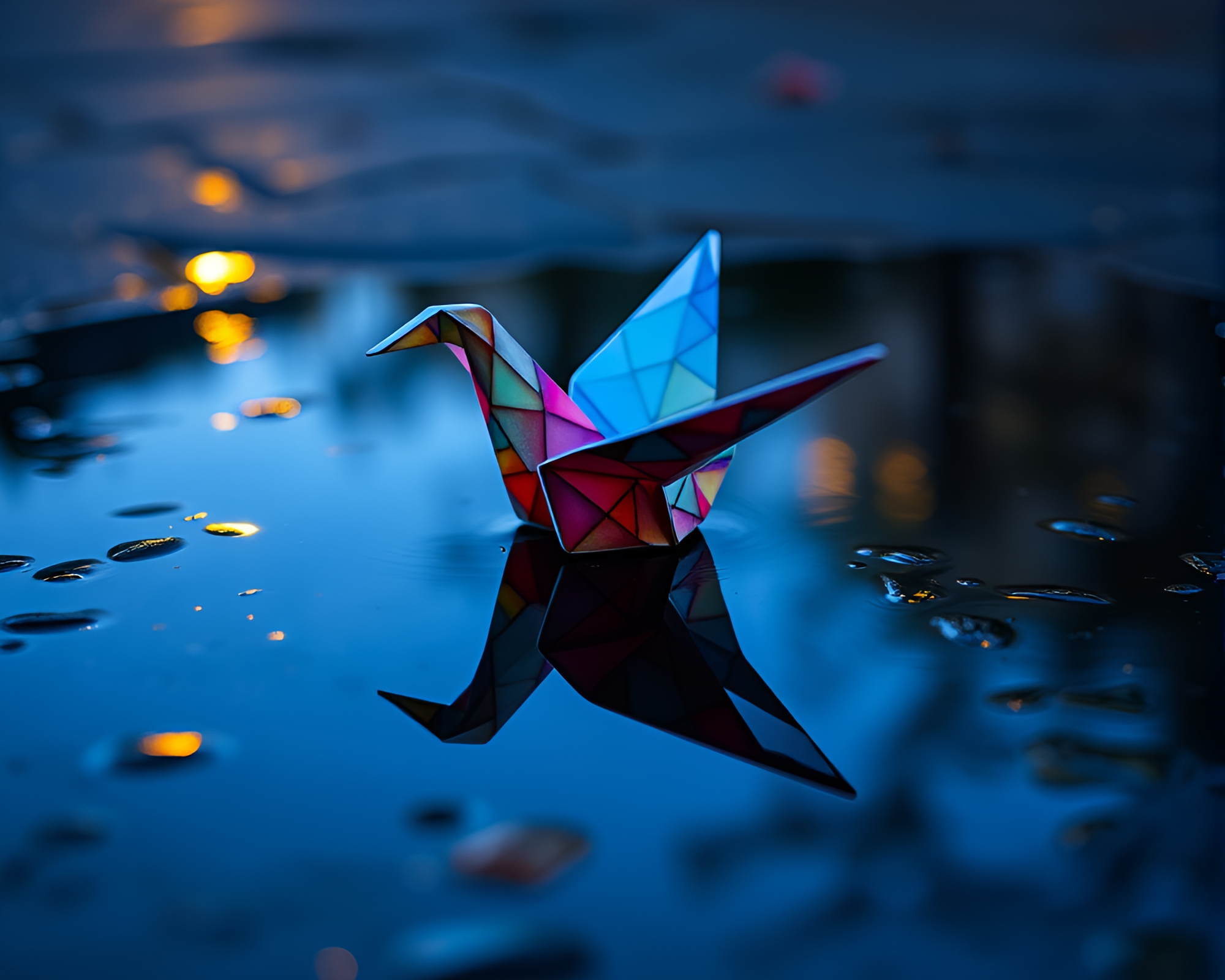 Origami Crane Reflection in Mosaic Puddle – free AI stock image