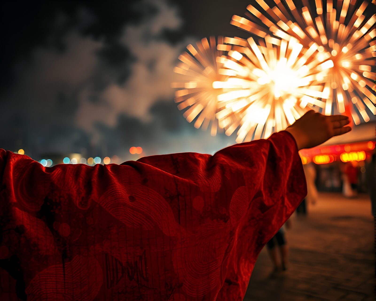 Vibrant HDR photo of silk kimono with rust stains under fireworks