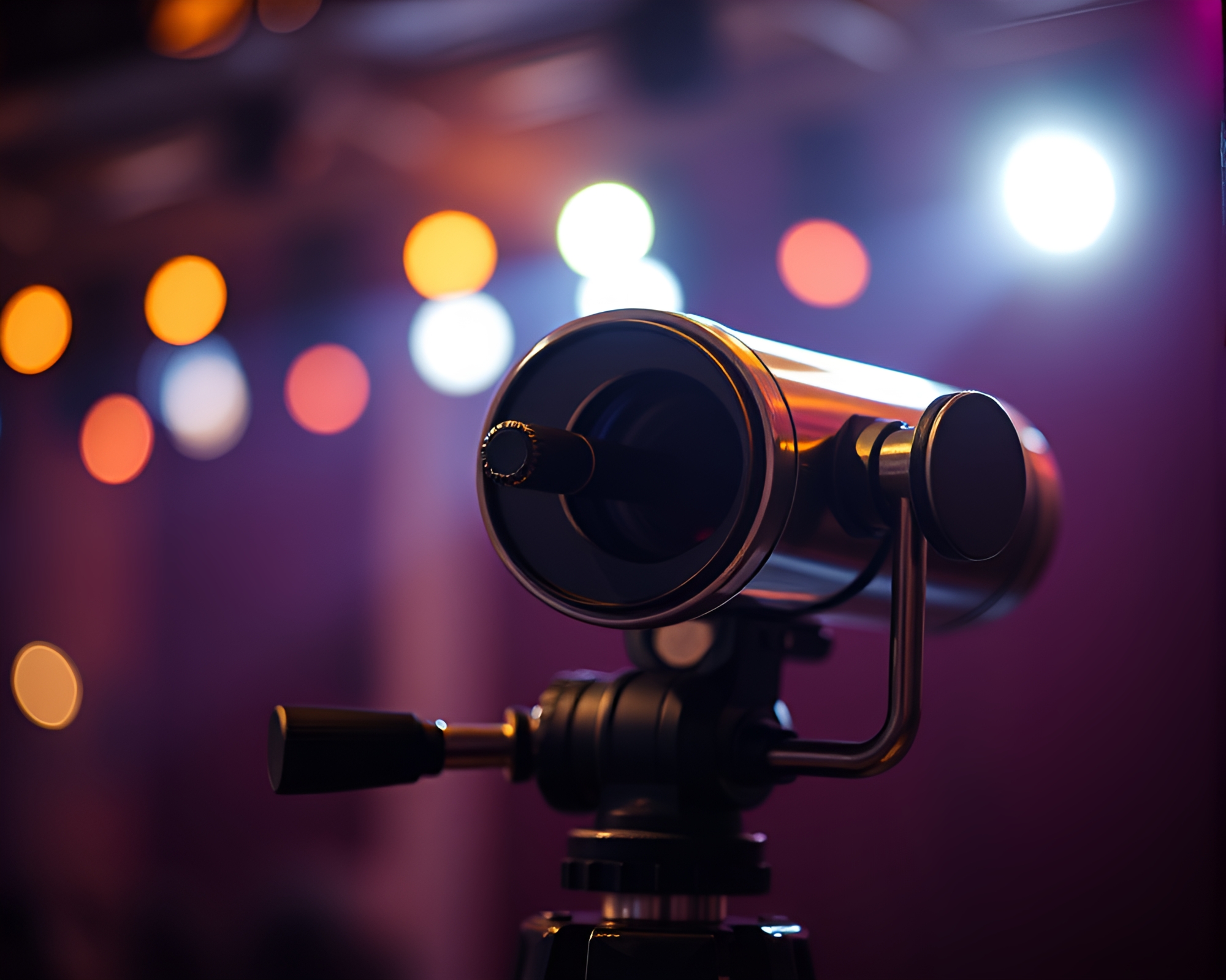 Vintage Telescope on Concert Stage with Bokeh Lights – free AI stock image
