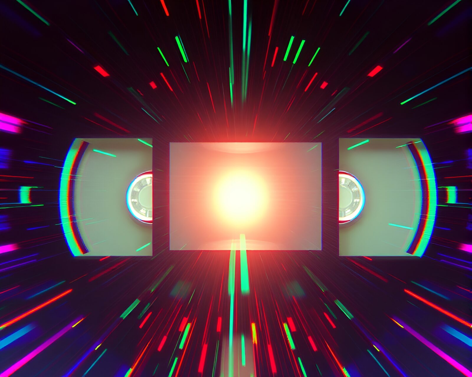 Ethereal hologram-style golem in a VHS-glitched setting