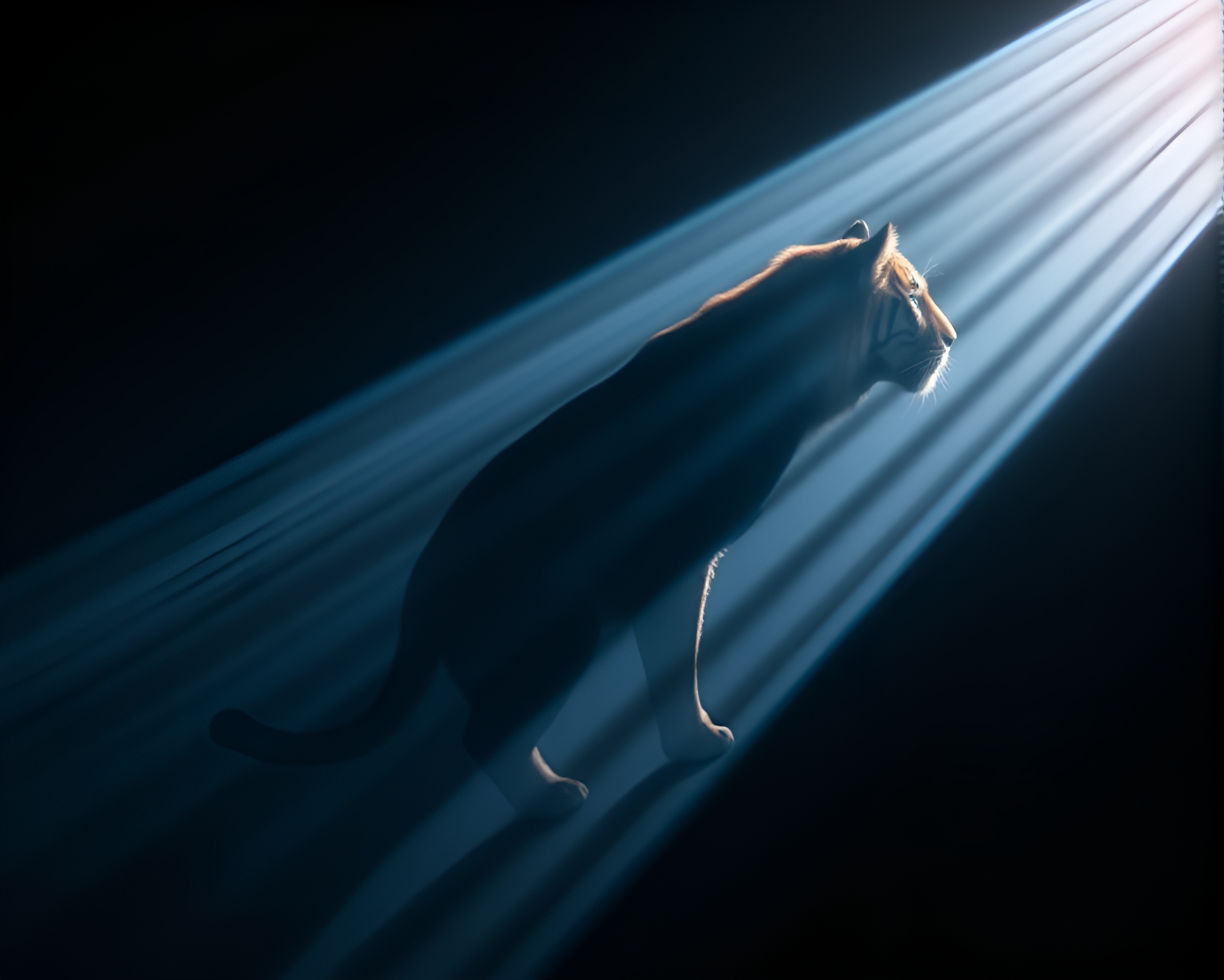 Ethereal Tiger in LED Sunbeam Illumination Art – free AI stock image