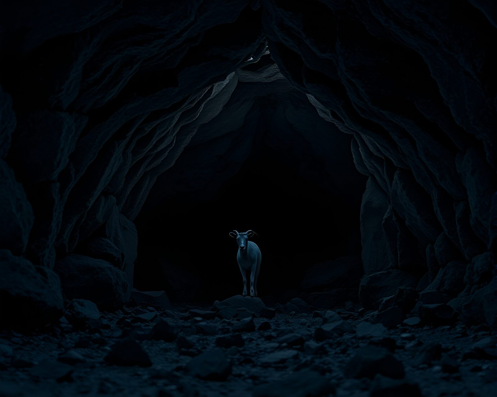 Intriguing collage featuring mountain goat in dark cave entrance