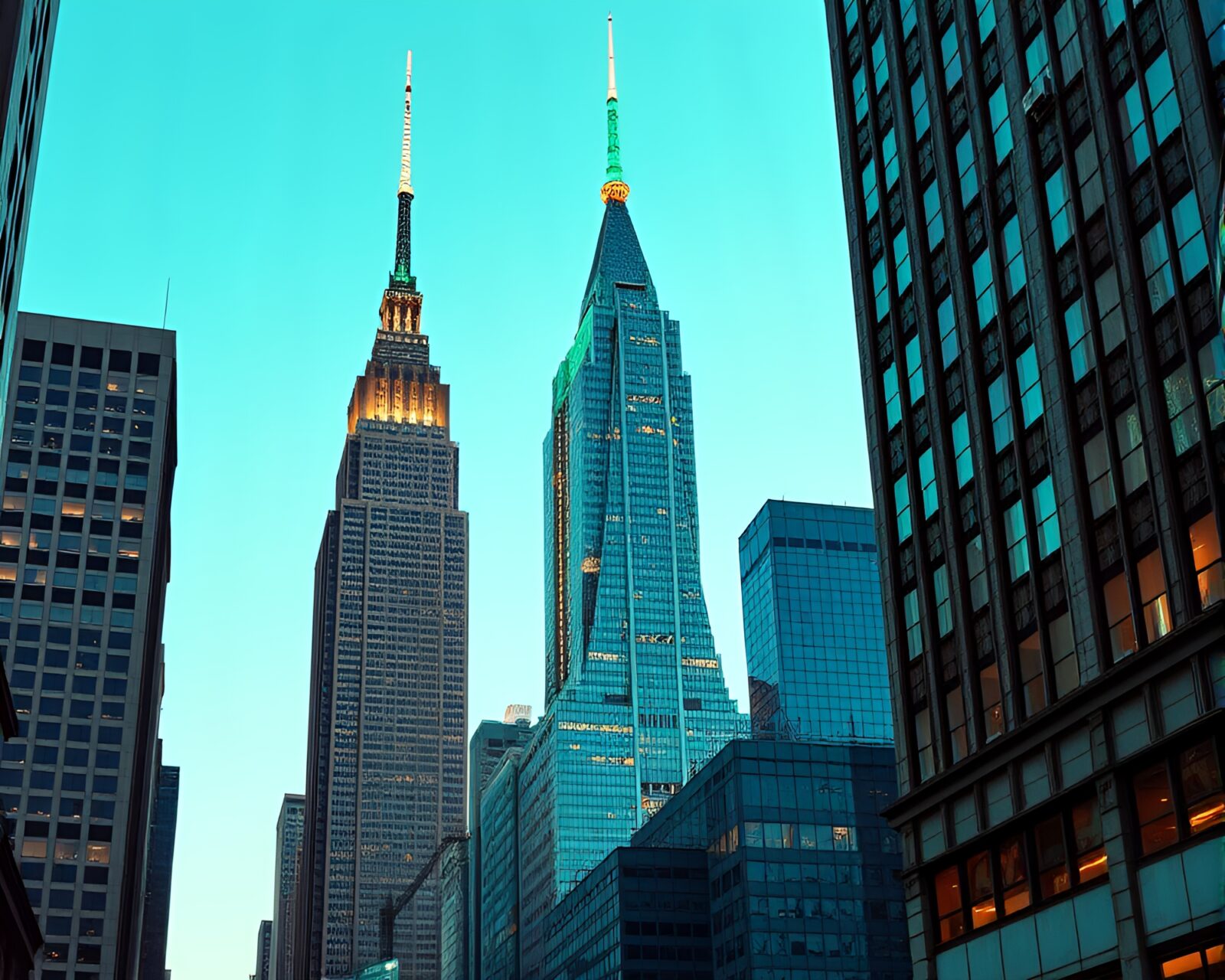 Cityscape of skyscraper in comic book style with retro scanlines