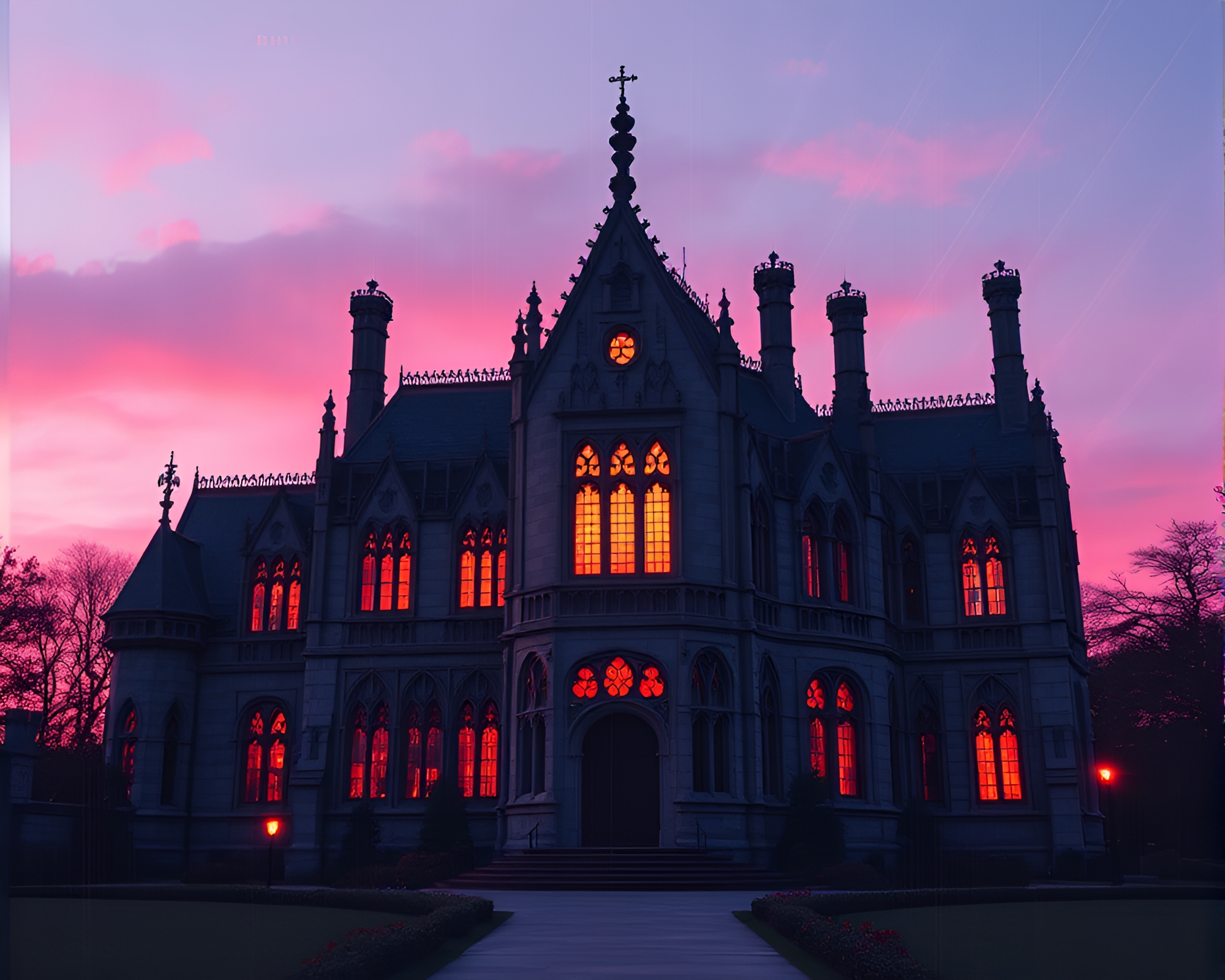 Neo-Gothic Mansion at Sunrise with Trompe-l’Oeil Scan Lines – free AI stock image