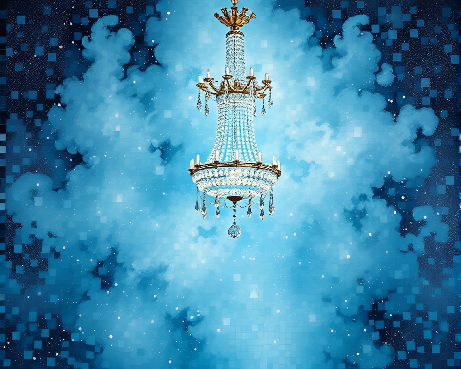 Elegant chandelier illuminates misty room with intricate tile patterns