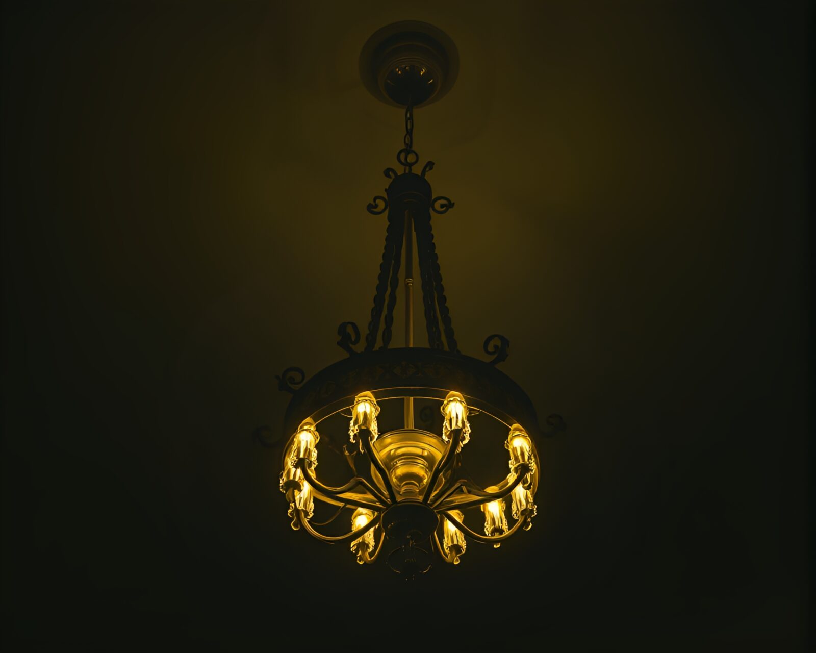 Eerie motion blur streaks around a neon-lit Gothic chandelier