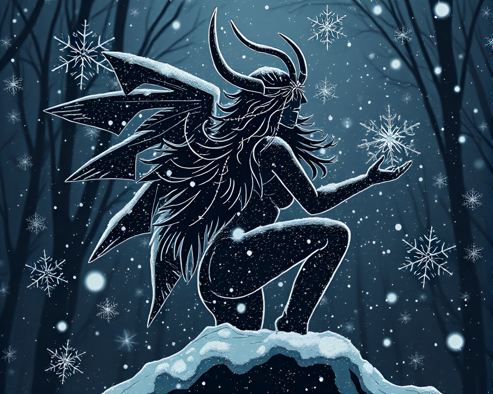 Cyberpunk Nymph Amid Snowflake Noir – free AI stock image