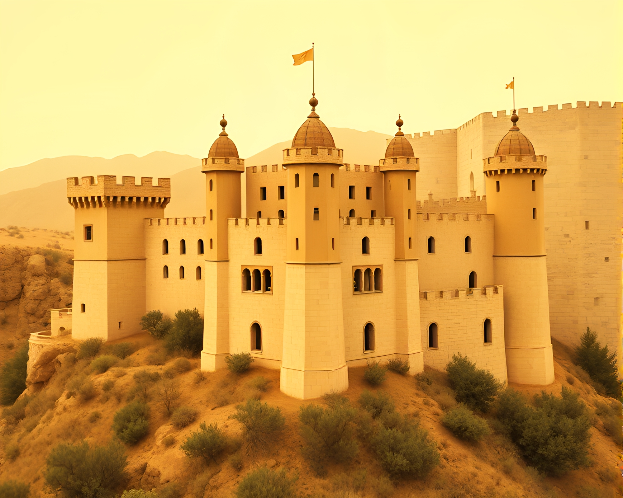 Cubist Deserted Castle with Mustard Yellow Pop Patterns – free AI stock image