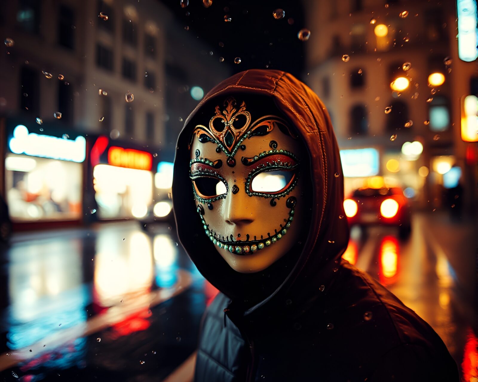 Surreal Venetian mask amidst distorted rainy reflections