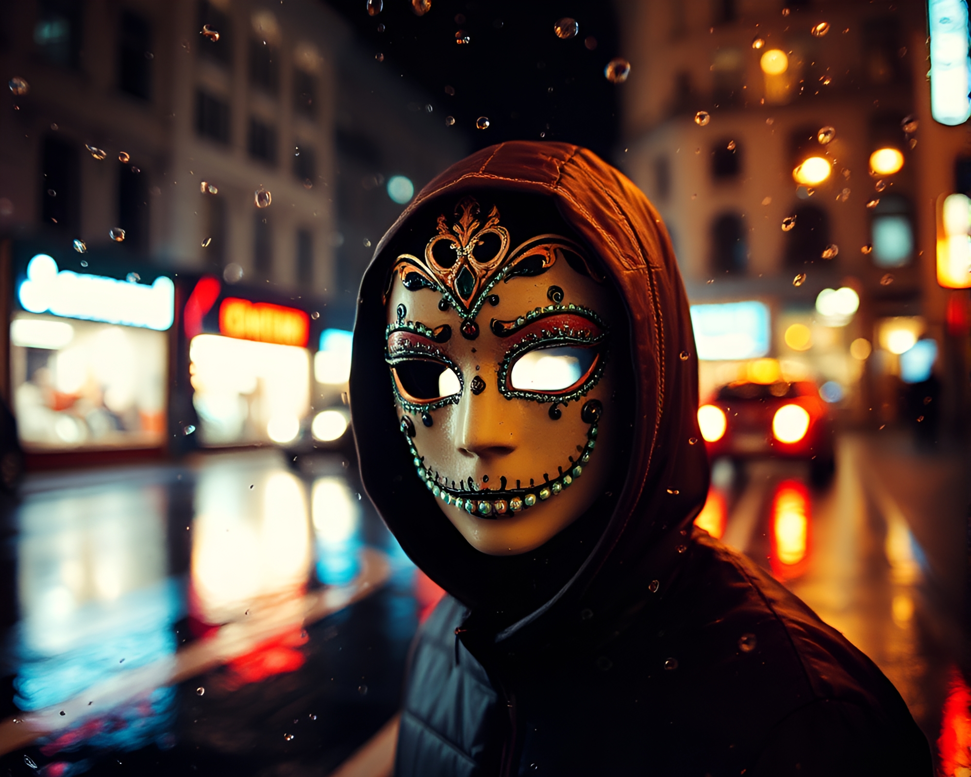 Venetian Mask in Rainy Reflections – free AI stock image