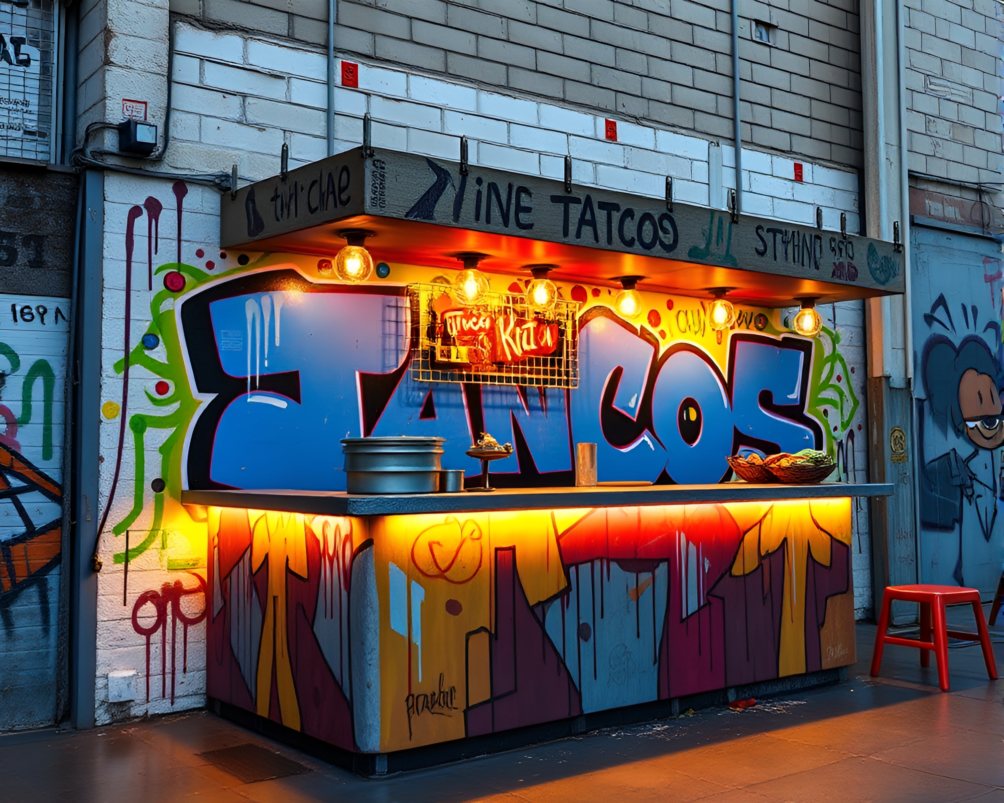 Colorful Taco Stand Graffiti with Rim Lighting Splatter Art – free AI stock image
