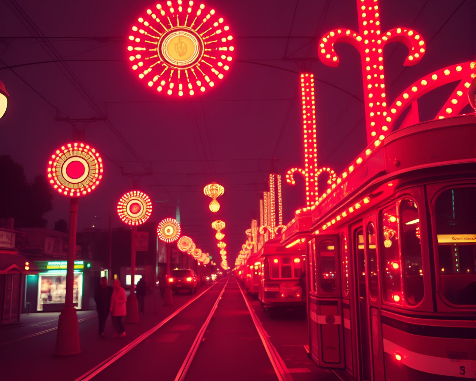 Vintage cable car illuminated by colorful carnival lights
