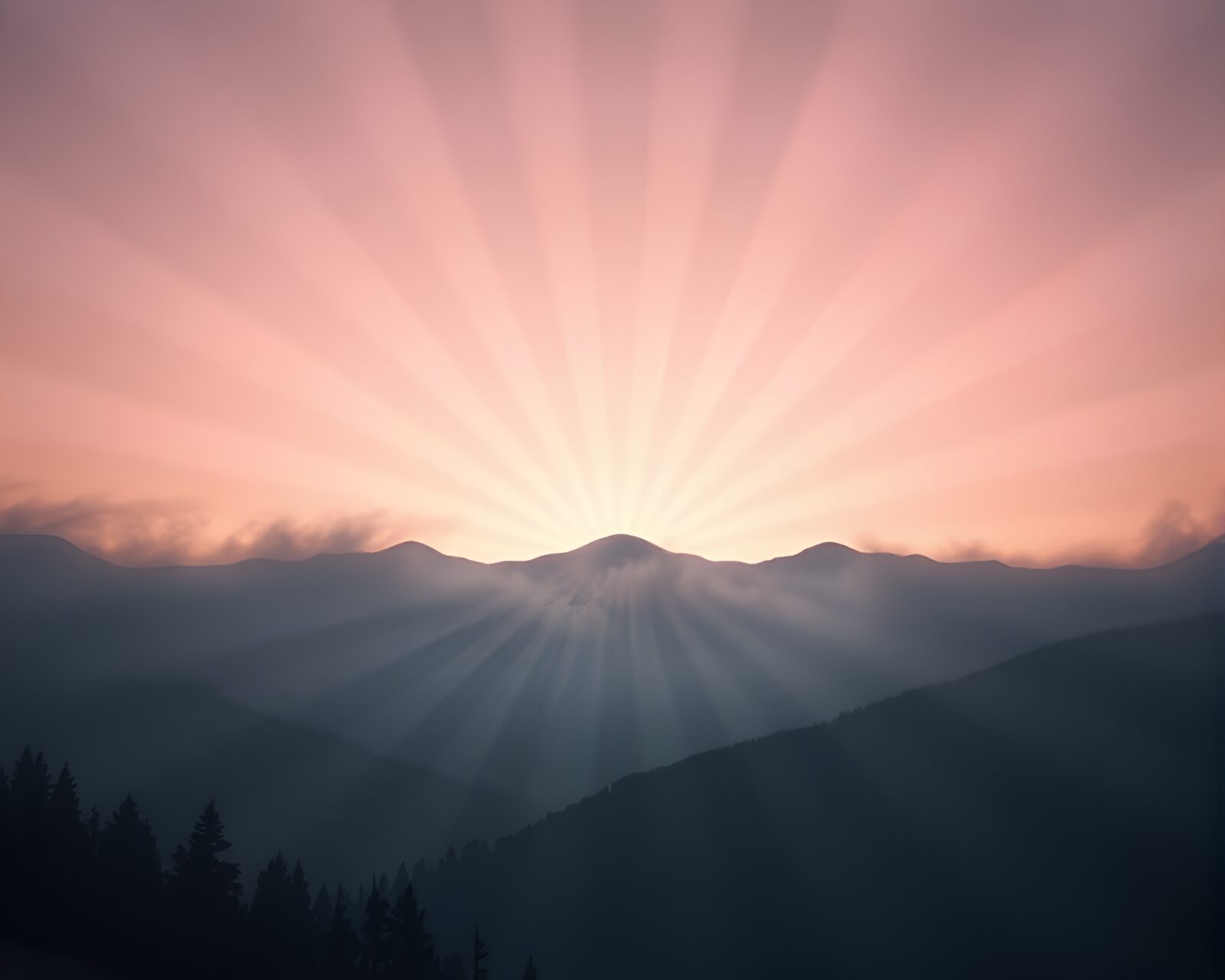 Radial symmetry misty mountain at sunrise in cubist style