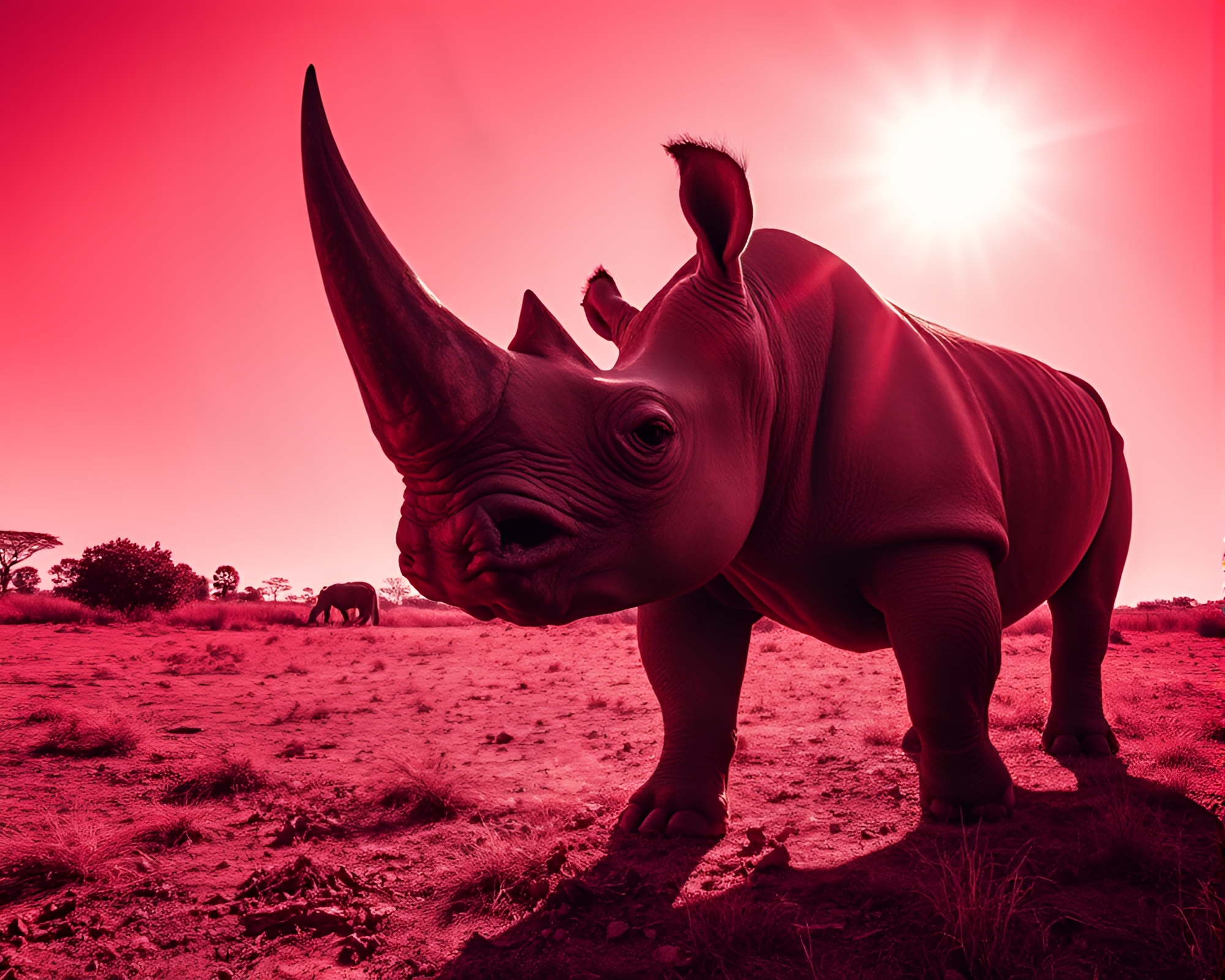 Intense Red Rhino Under Sun Glares – free AI stock image