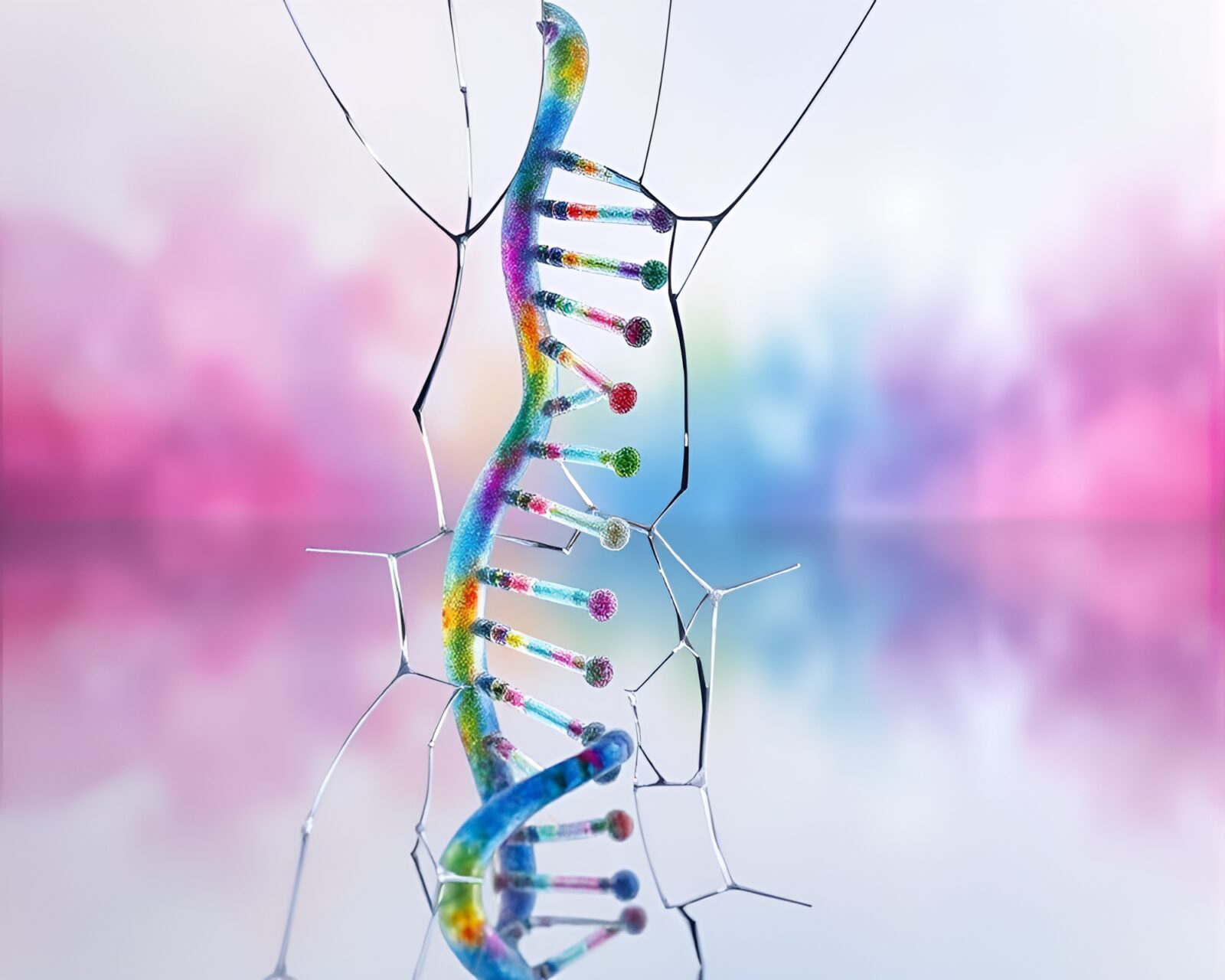 Wildlife watercolor of DNA helix reflecting in neon glass