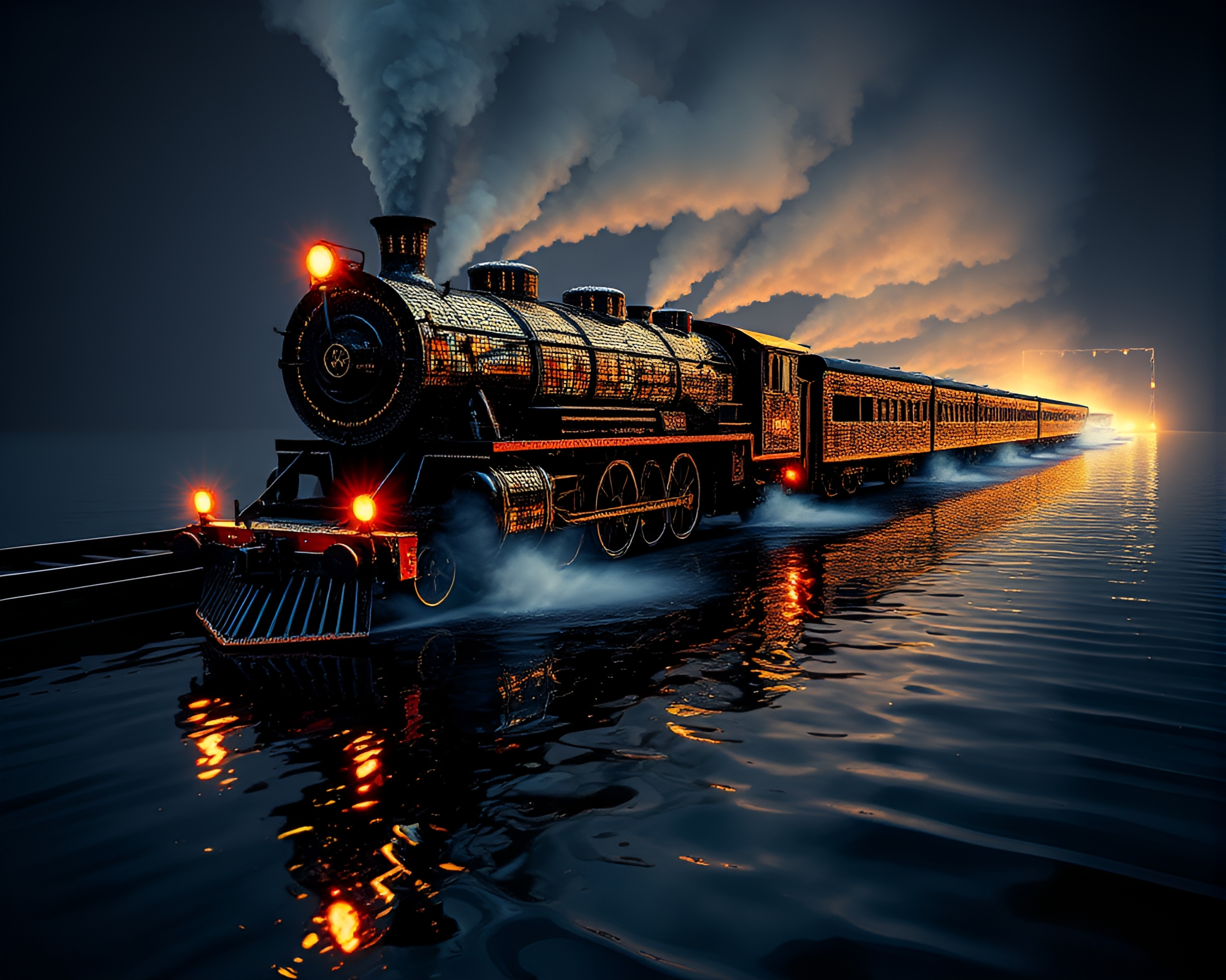 Steam locomotive with water reflection ripples – free AI stock image