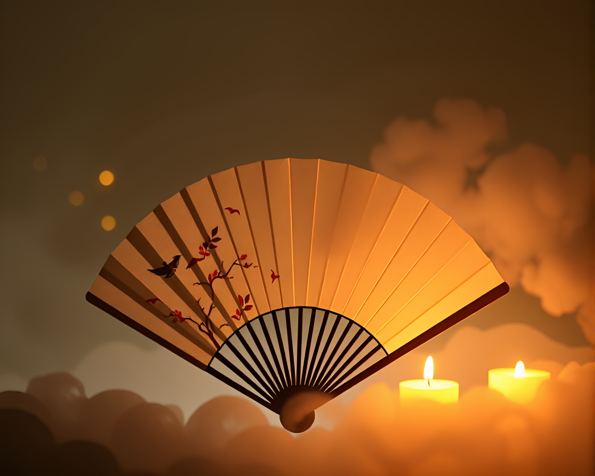 Enchanting Hand-Painted Fan in Candlit Paper Cutout Scene – free AI stock image