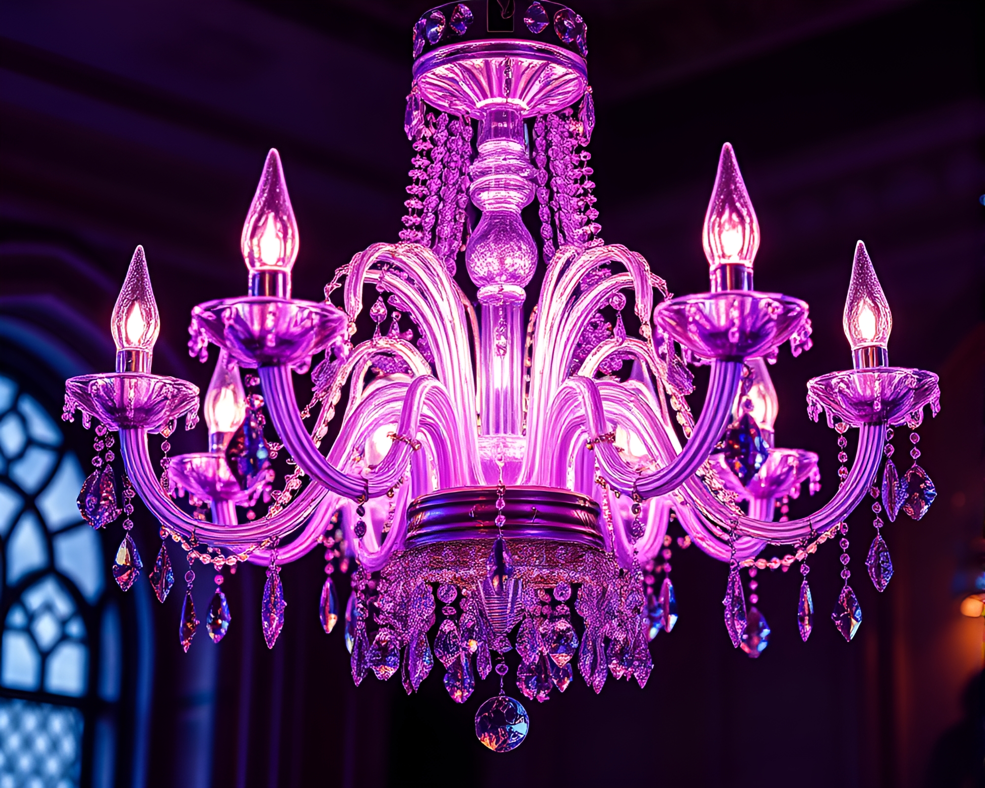 Gothic Chandelier in Ultraviolet Twilight with Wet Glass Beads – free AI stock image