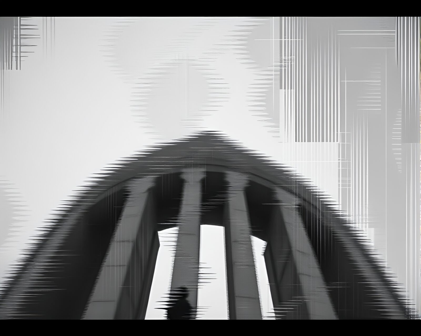 Candid moment captured in gray digital glitch architectural style