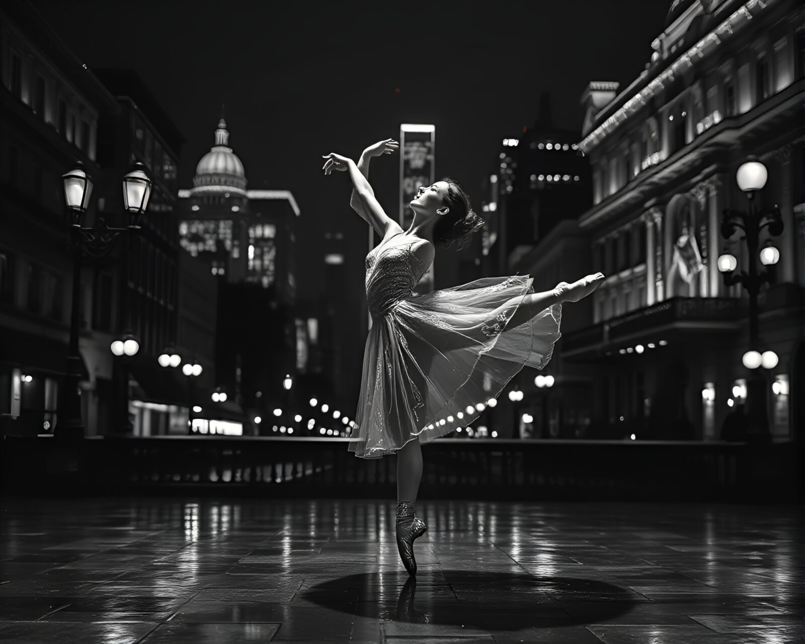 Elegant ballet dancer with silver accents in urban night