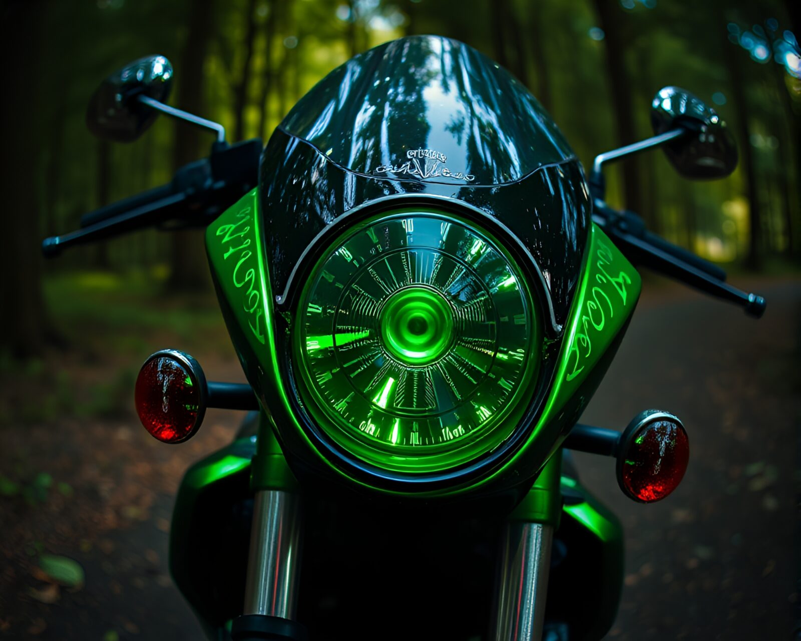 Motorcycle in mystical green forest with holographic textures