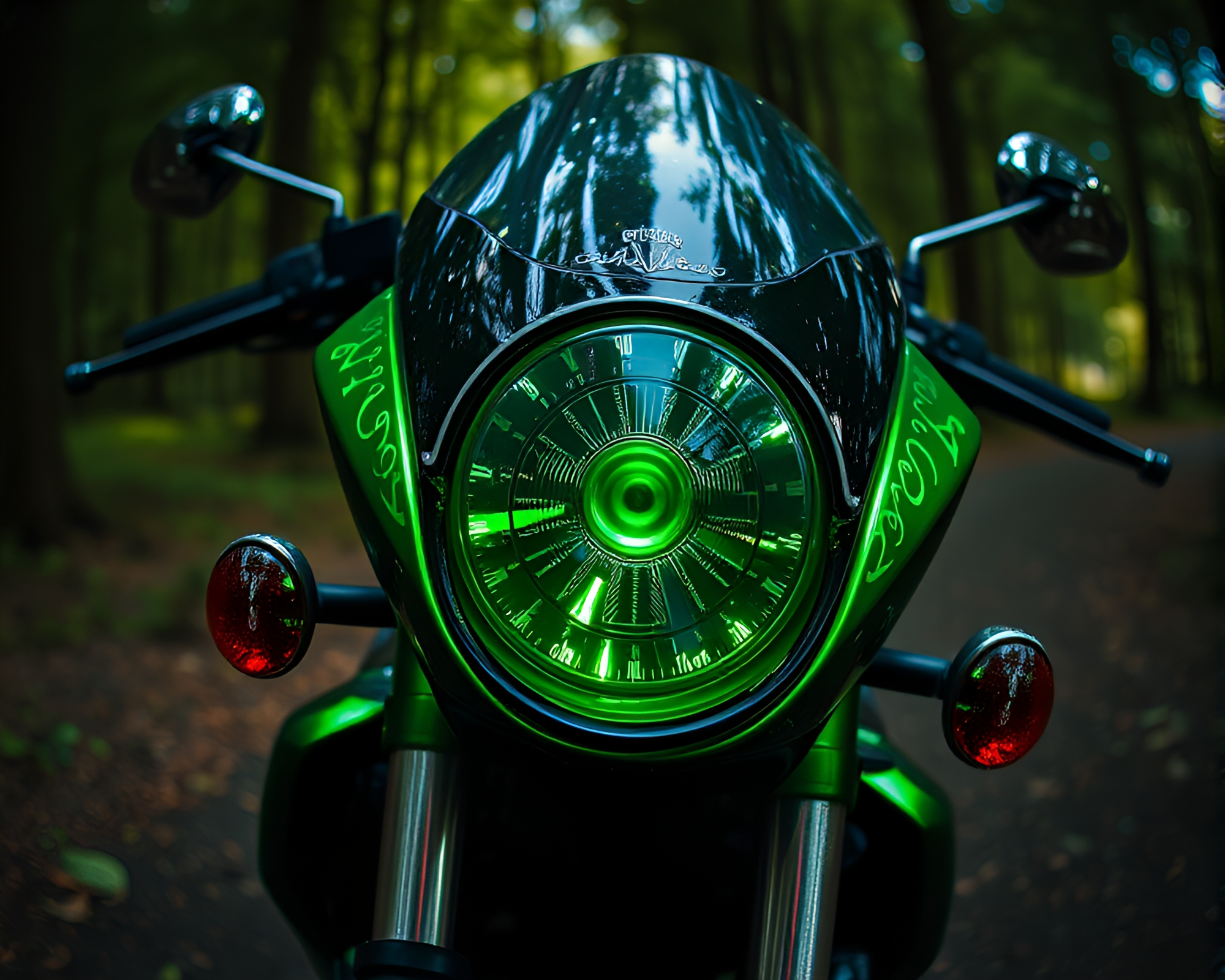 Enchanted Forest Fisheye Perspective with Holographic Motorcycle – free AI stock image