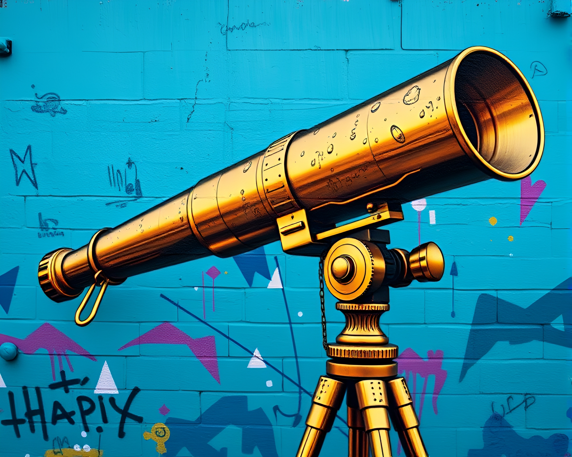 Topaz Brilliance: Blue Hour Brass Telescope Graffiti Mural – free AI stock image