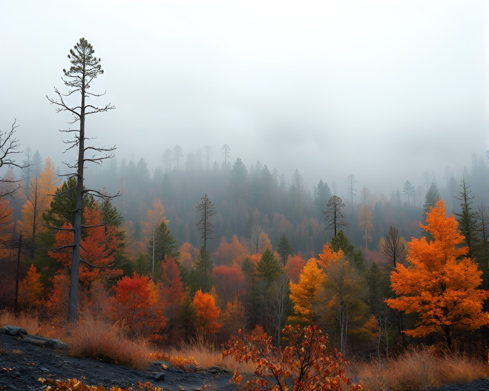 Close-up of autumn leaves with volcanic ash colors in forest