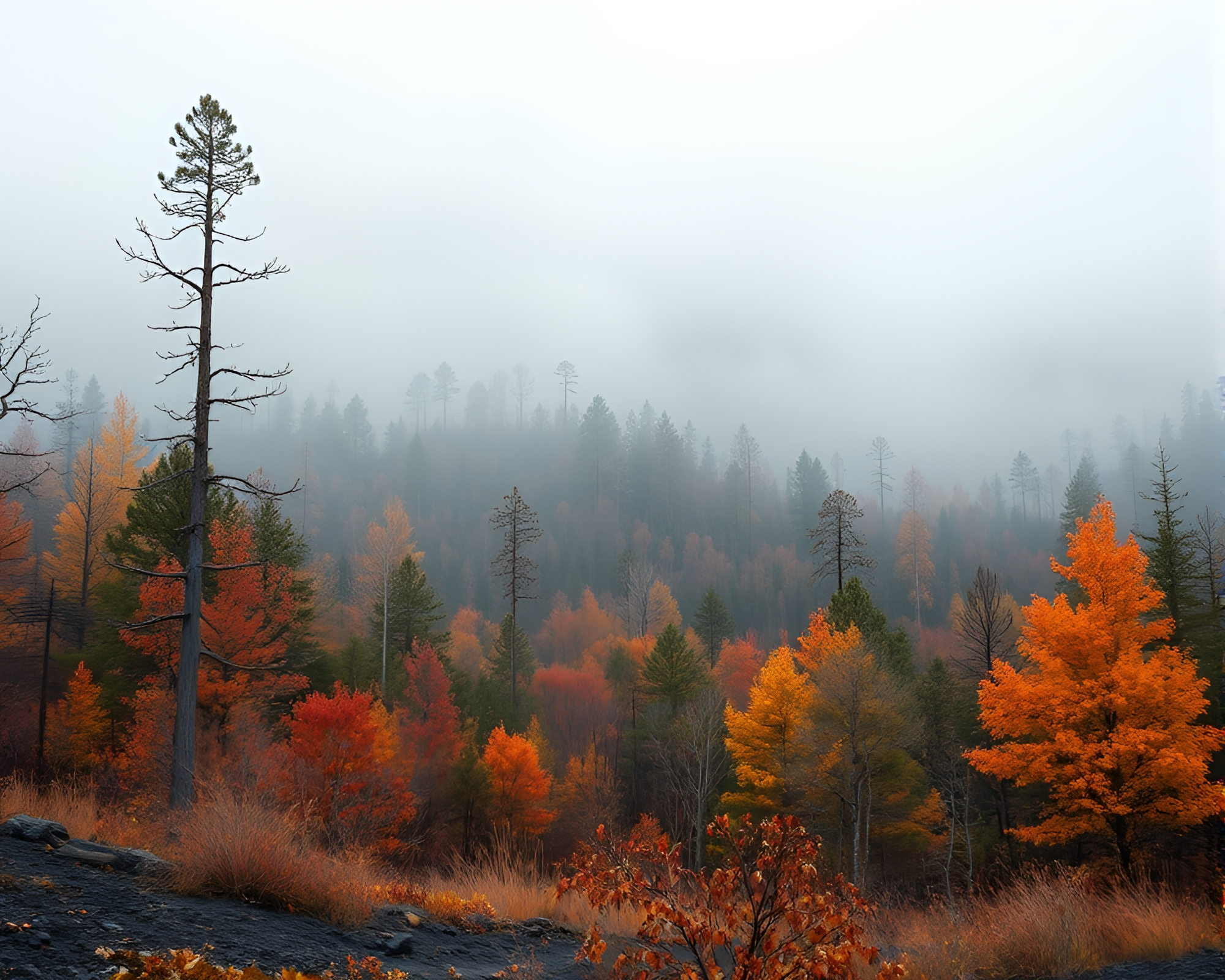 Enchanted Autumn Forest Close-Up in Volcanic Ash Hues – free AI stock image