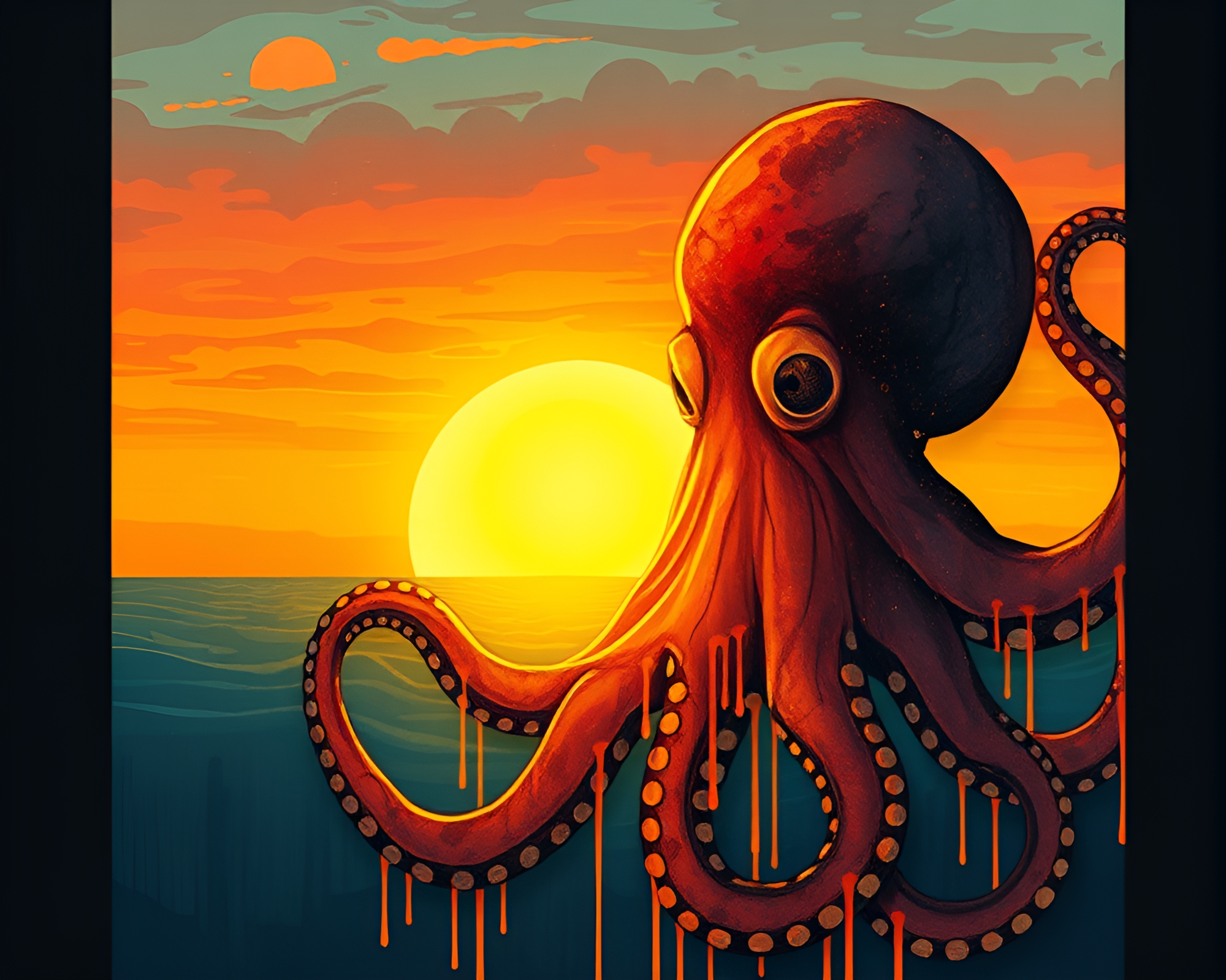 Octopus in Paint Drip Sea at Dusk – free AI stock image
