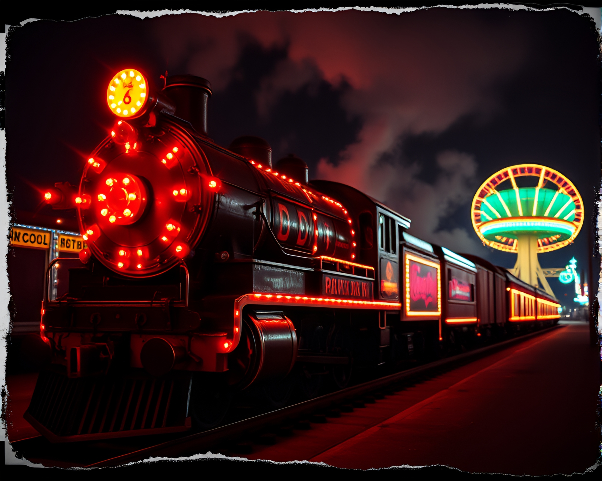 Grunge Steam Locomotive under Carnival Lights – free AI stock image