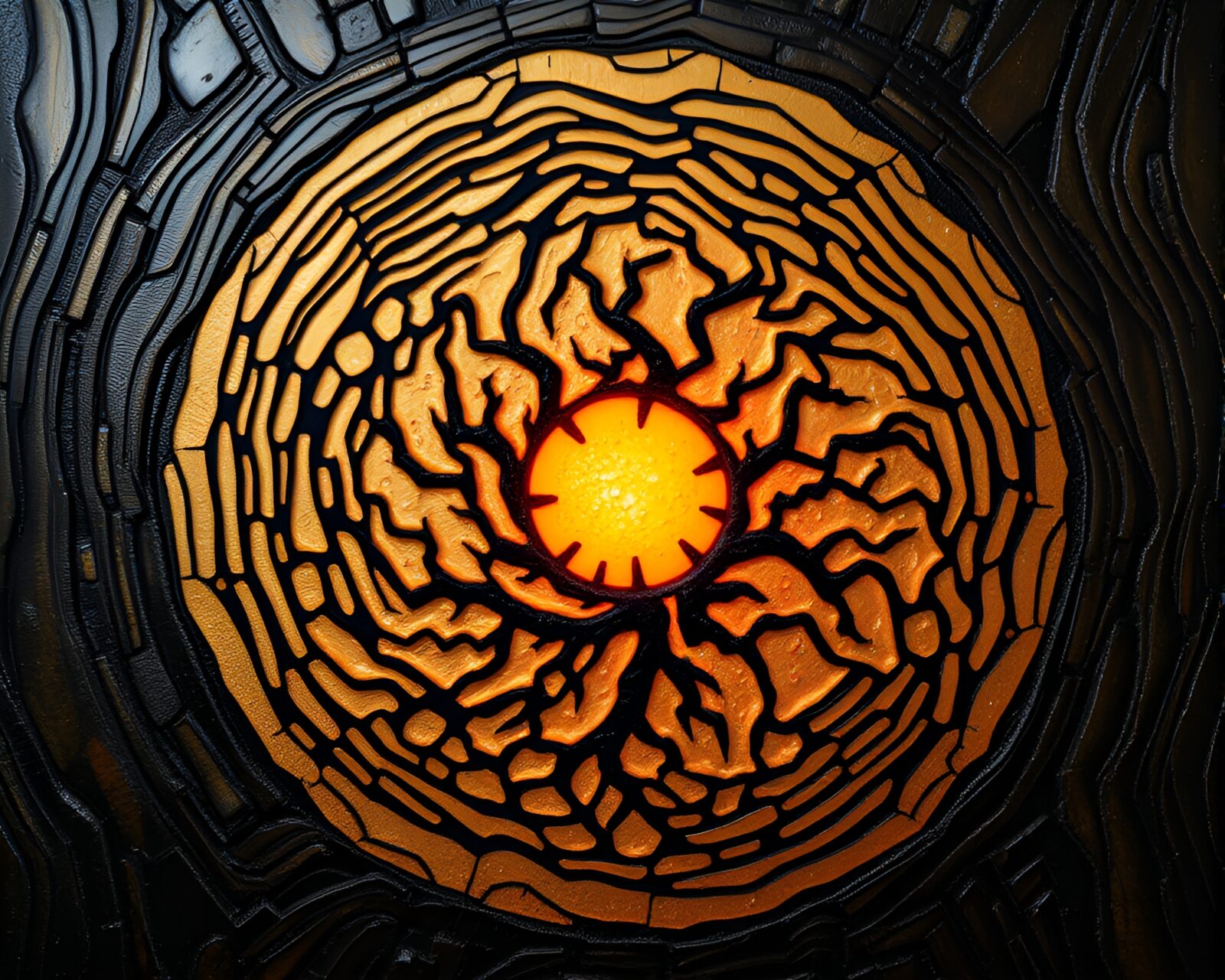 Encaustic painting of samurai sword surrounded by golden tree ring pattern