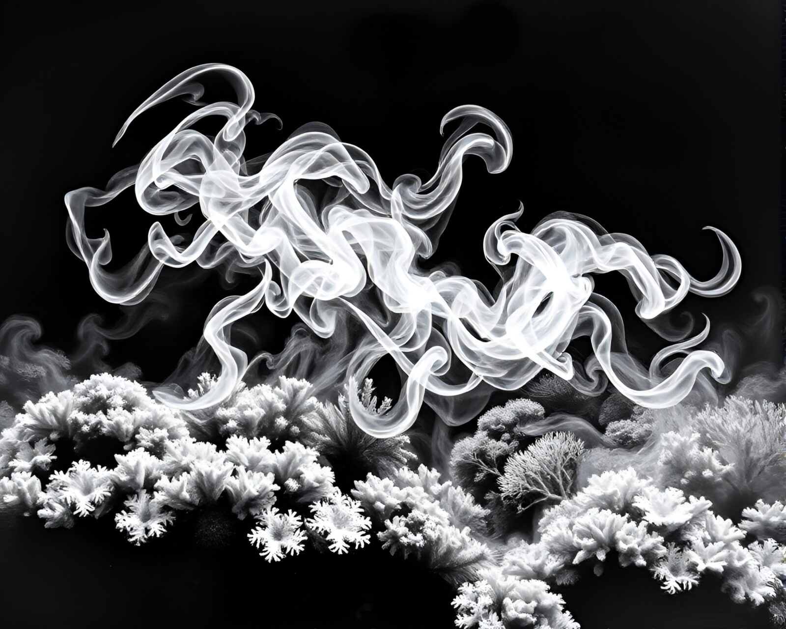 Engraved depiction of smoke swirling in icy coral reef