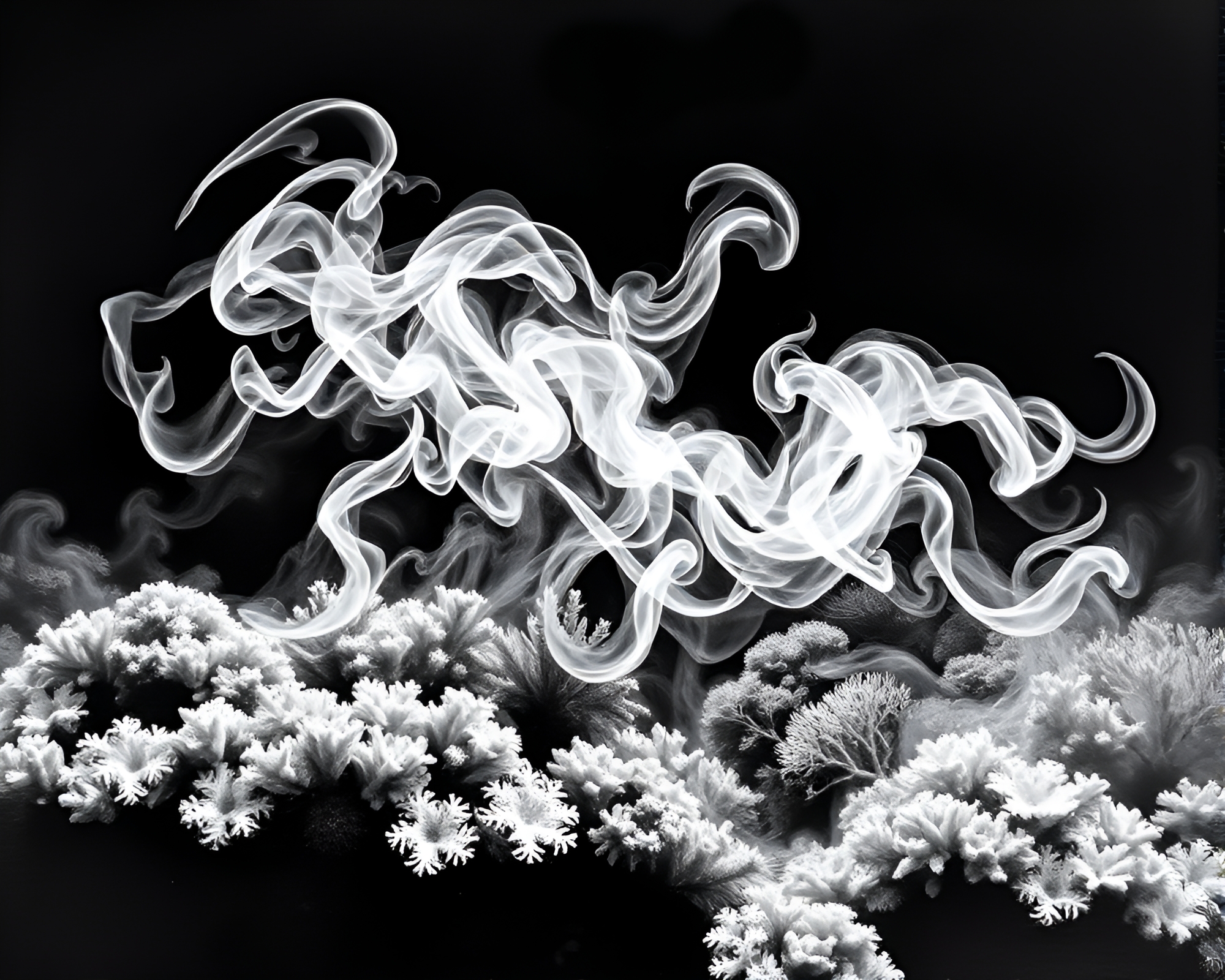 Swirling Smoke Plume in Antarctic Coral Reef Engraving – free AI stock image