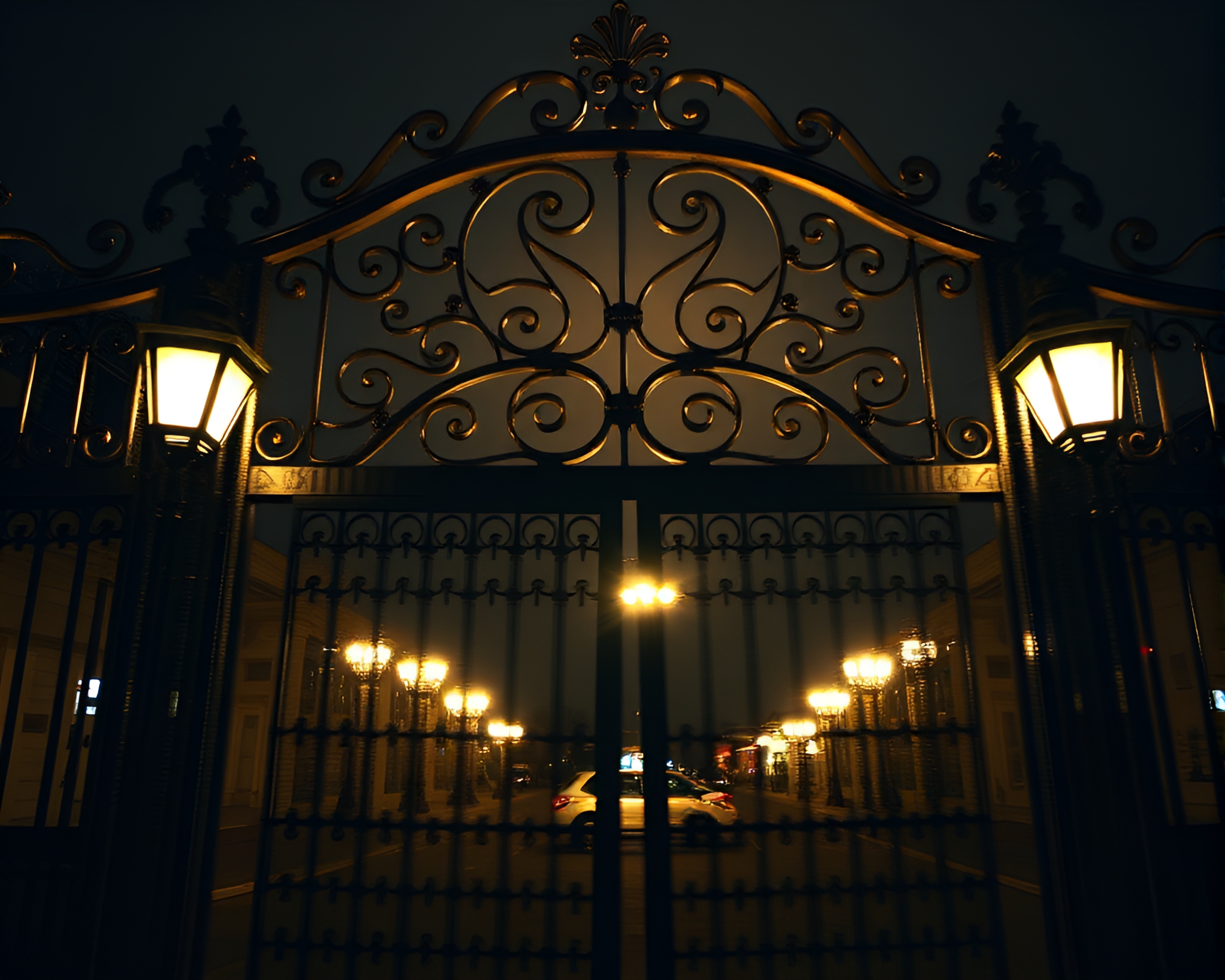 Elegant Wrought Iron Gate in Opera-House Glow – free AI stock image